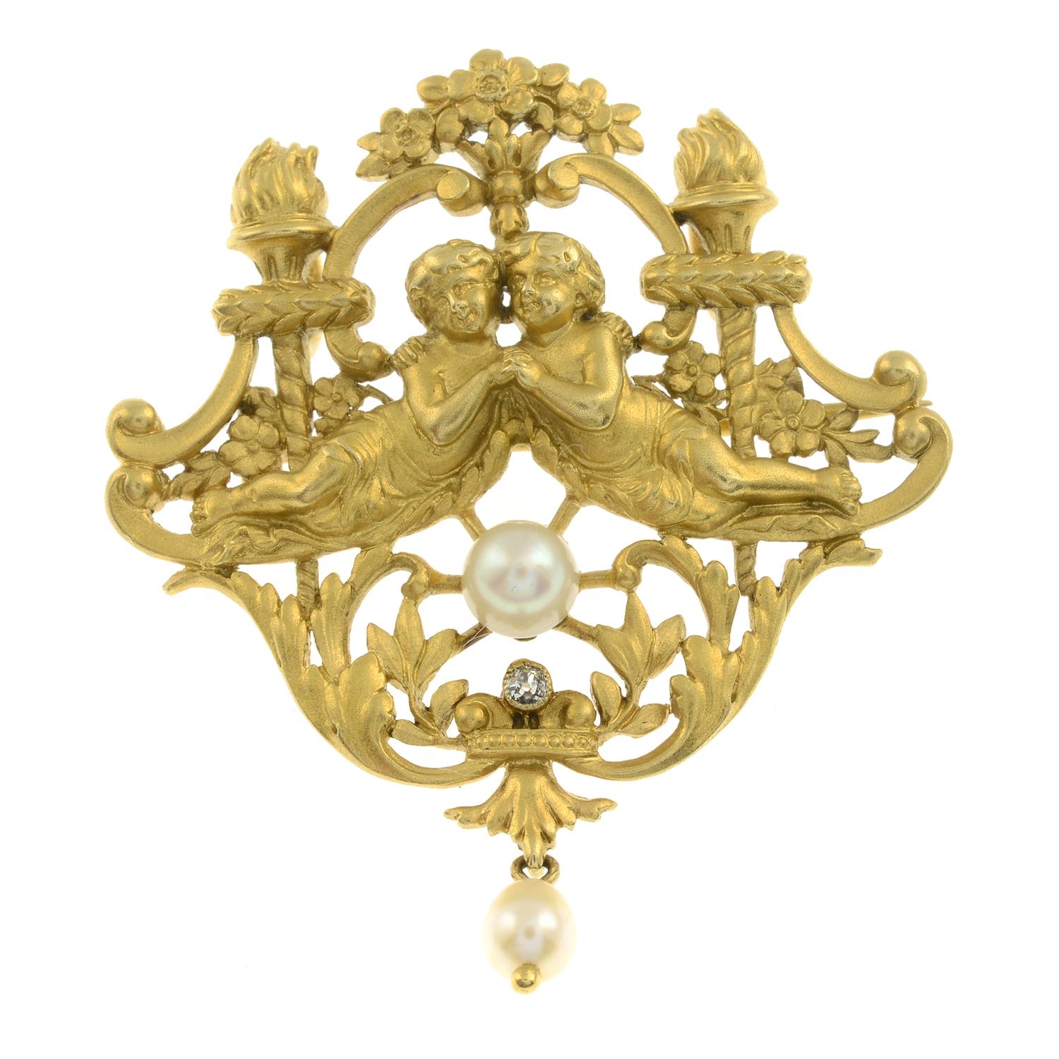 An early 20th century 18ct gold brooch of two embracing figures with diamond and cultured pearl - Image 2 of 4