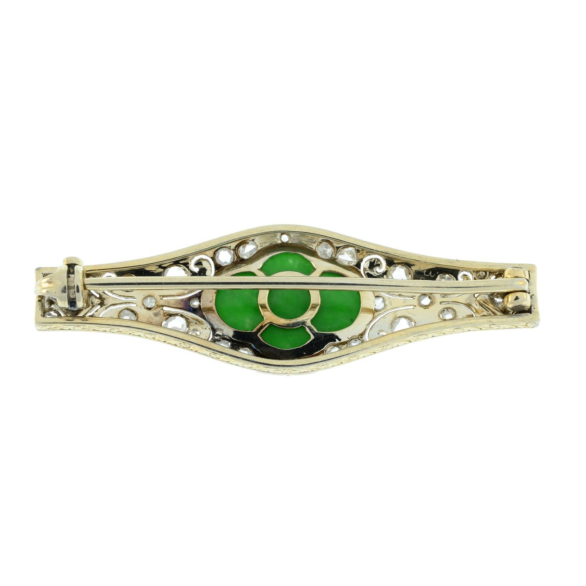 An Art Deco platinum and 18ct gold, carved jade and vari-cut diamond pierced brooch. - Image 3 of 4