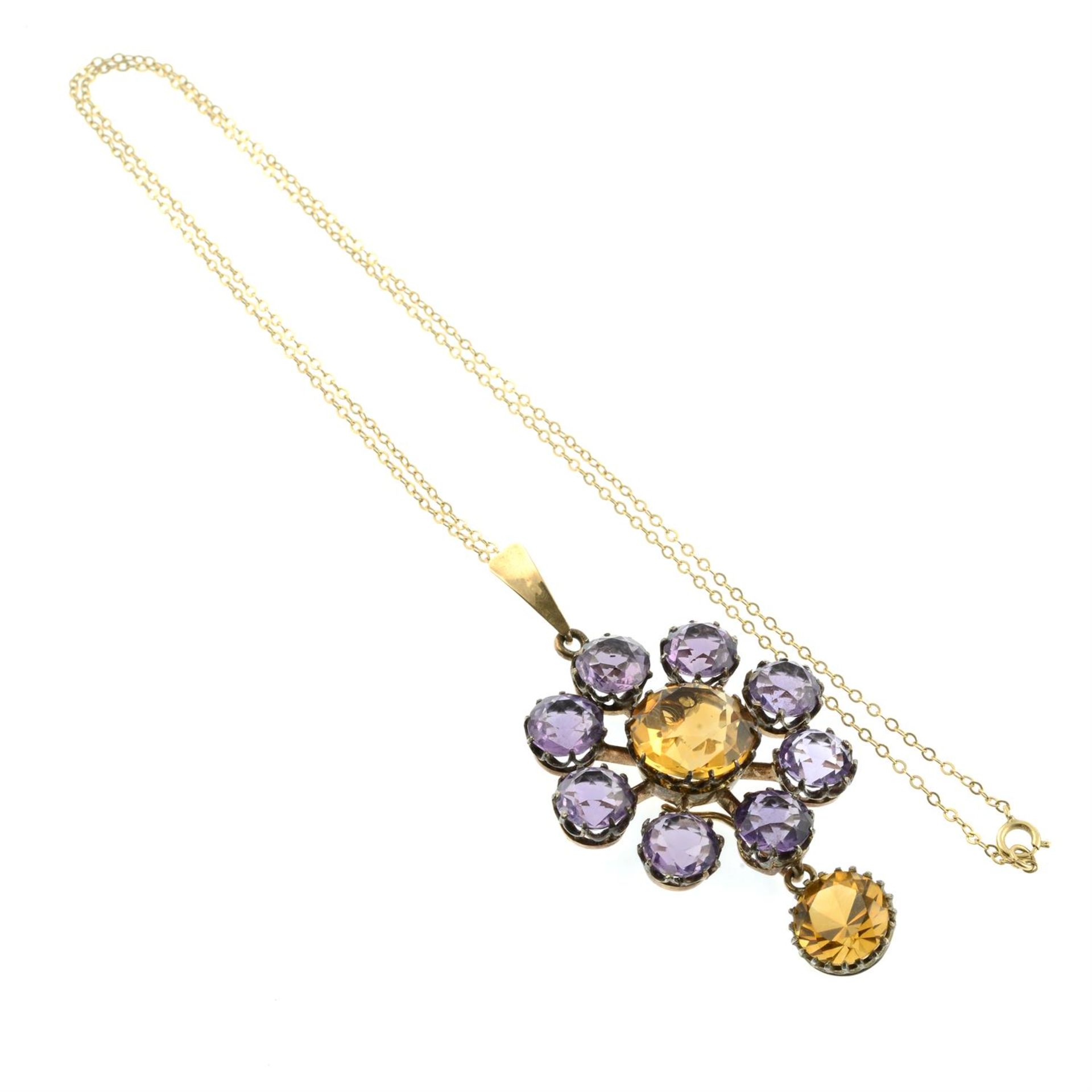 A late 19th century citrine and amethyst cluster pendant, with later surmount and trace-link chain. - Image 4 of 5