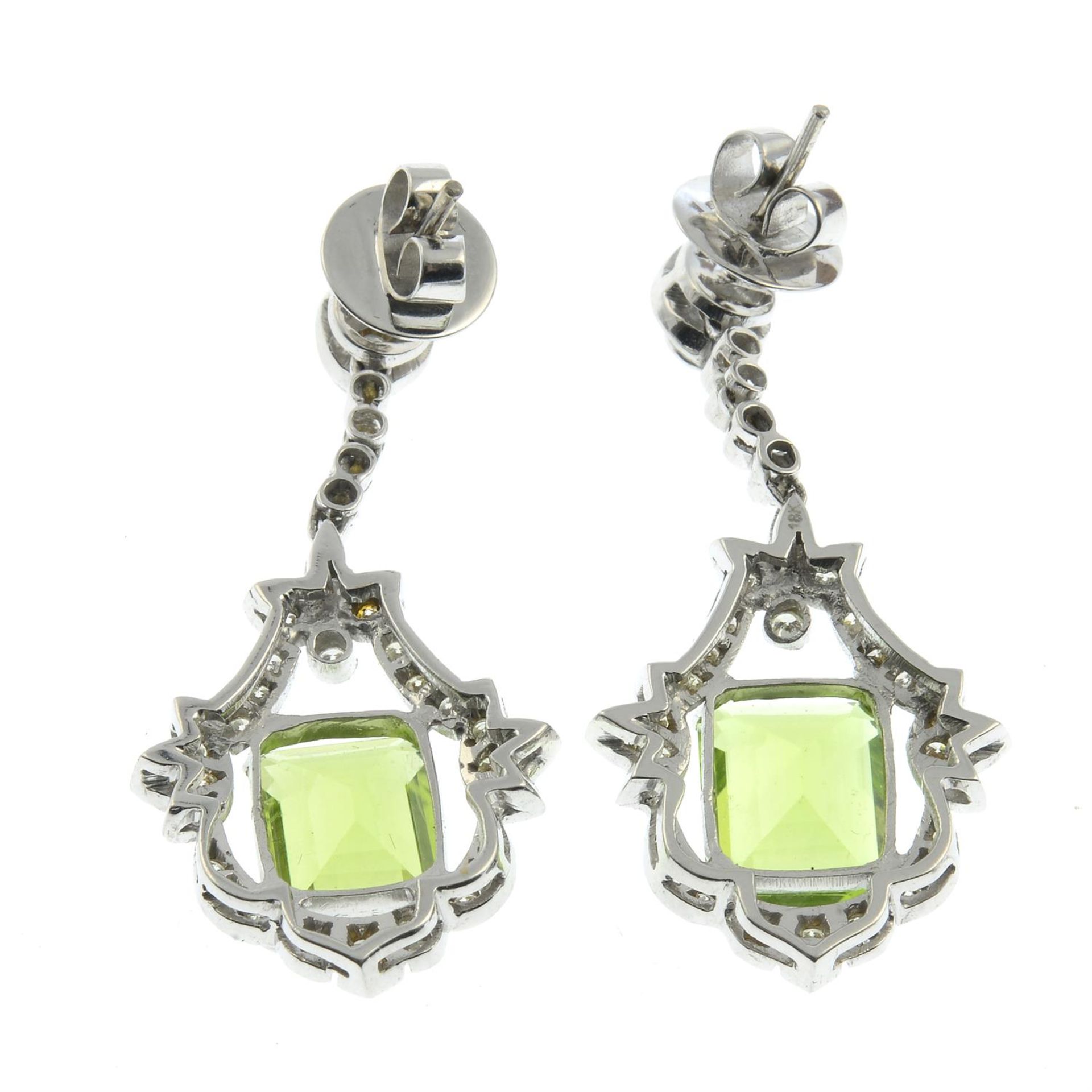 A pair of peridot and diamond drop earrings. - Image 3 of 3