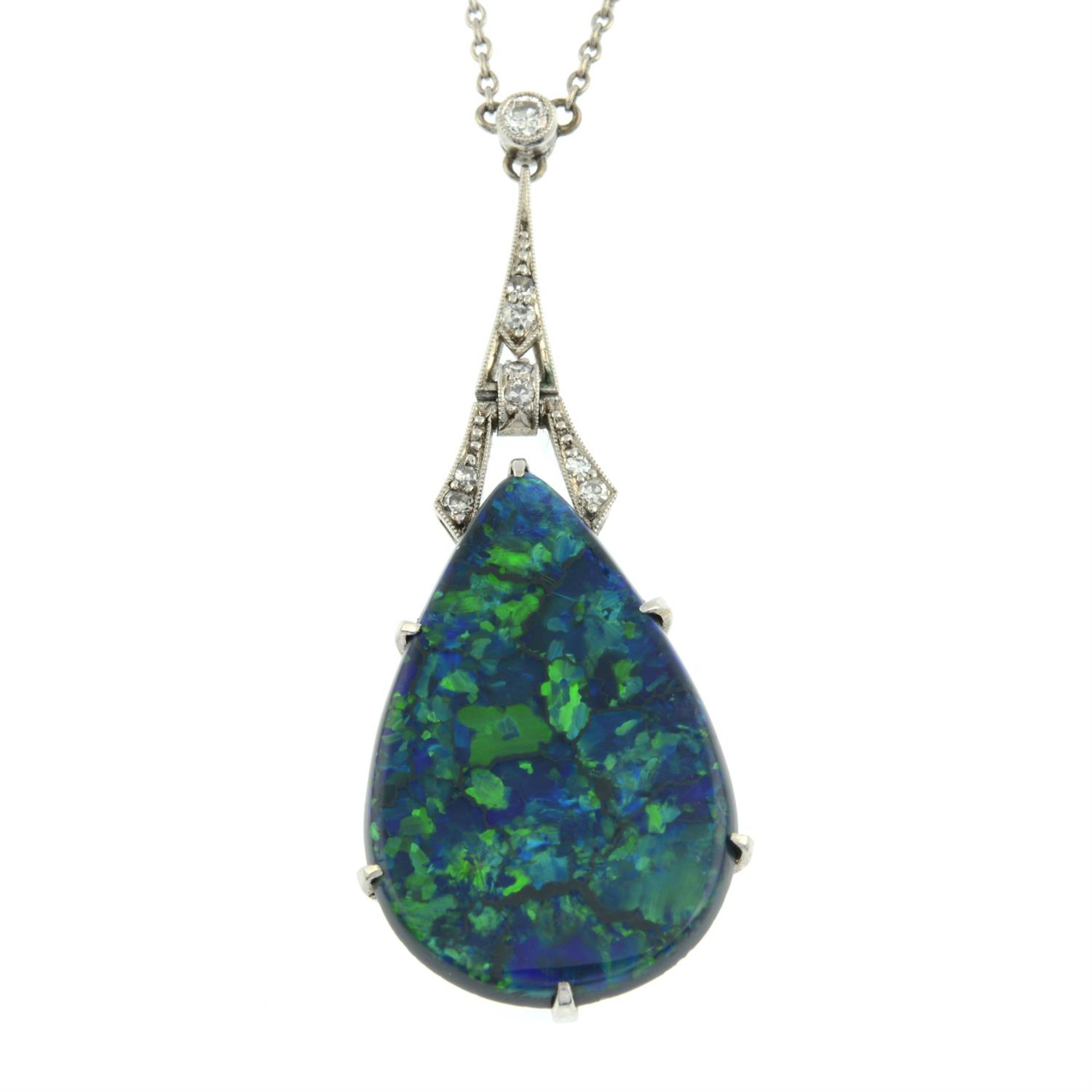 An Art Deco platinum and gold black opal and diamond geometric pendant, on chain. - Image 2 of 5