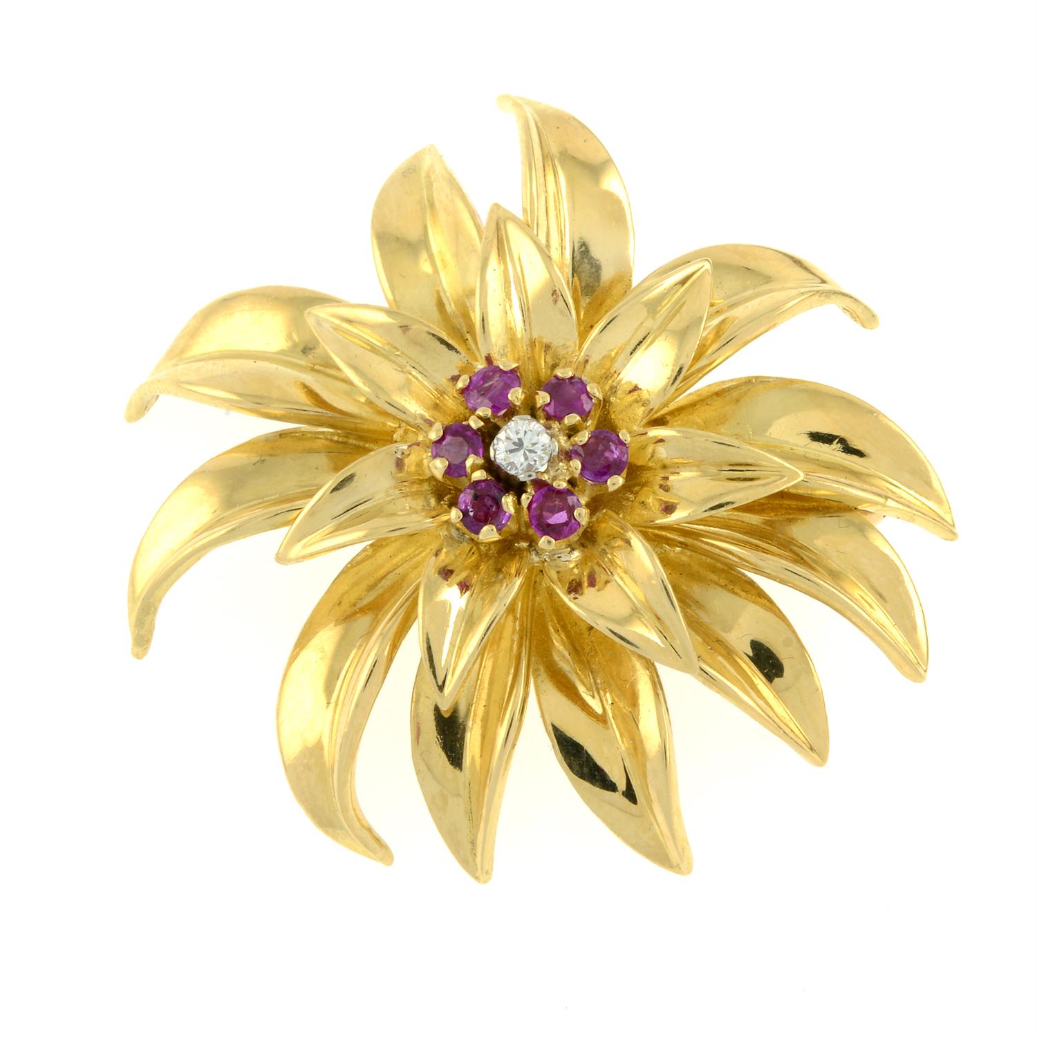 A mid 20th century 18ct gold diamond and ruby floral brooch/pendant, by Tiffany & Co. - Image 2 of 4