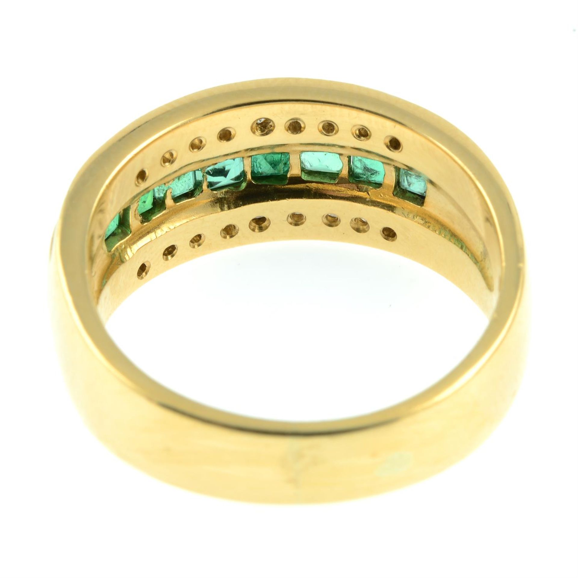 An 18ct gold brilliant-cut diamond and emerald three-row band ring. - Image 4 of 5