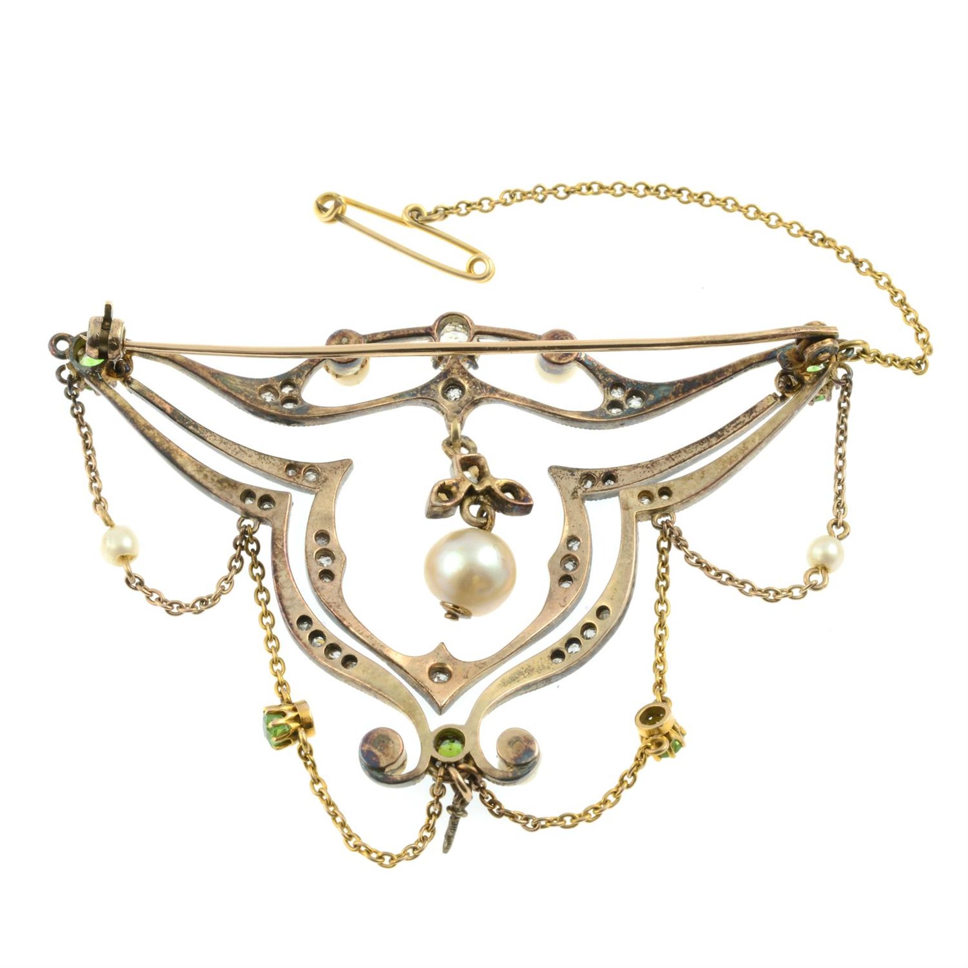 A late 19th century silver and gold, vari-cut diamond, demantoid garnet and pearl brooch. - Image 3 of 4