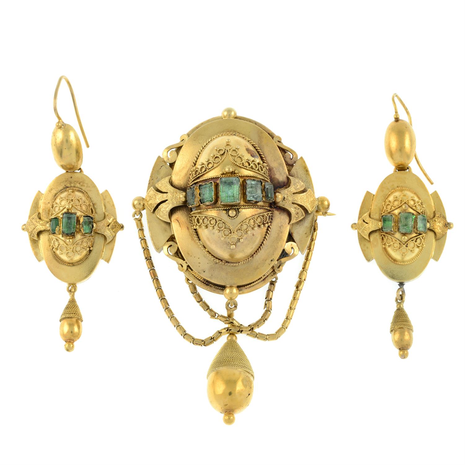 A mid 19th century gold foil-back green gem cannetille locket brooch, with matching earrings. - Image 2 of 5