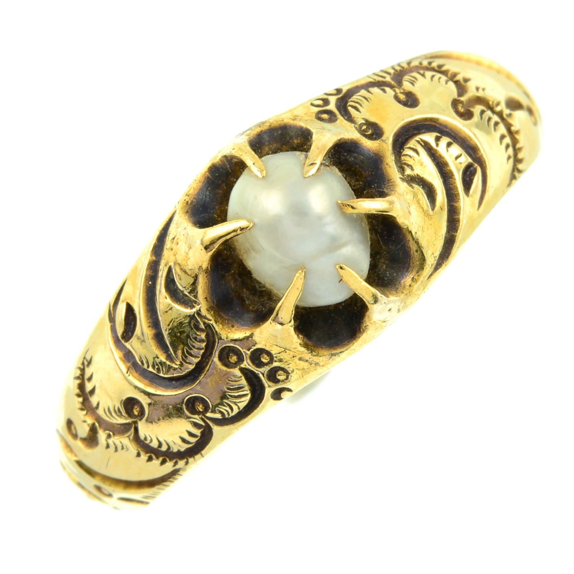 A 19th century gold pearl ring, with foliate engraved shoulders and grooved half-band. - Image 2 of 5