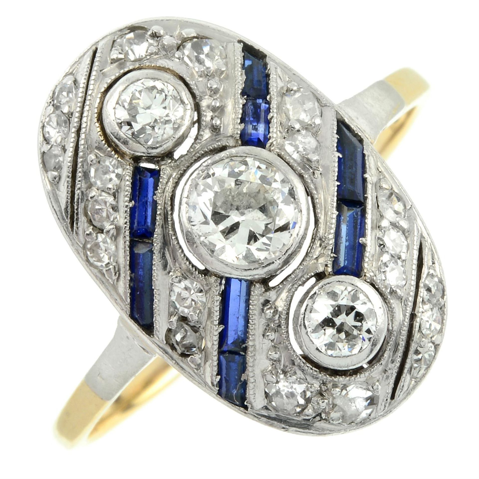 An Art Deco platinum and 14ct gold vari-cut diamond and sapphire geometric ring. - Image 2 of 5