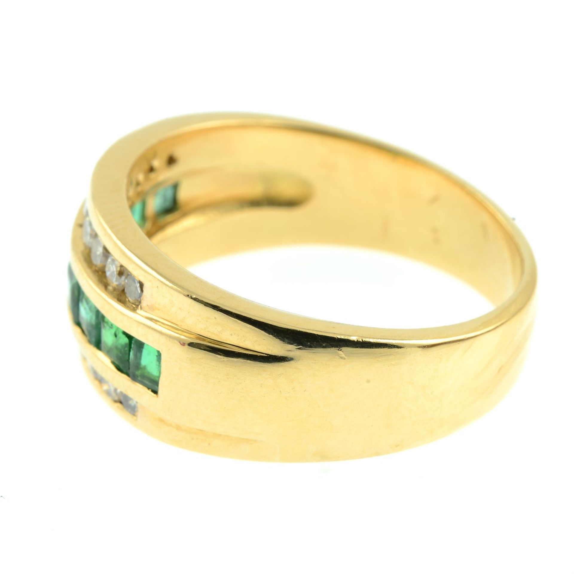 An 18ct gold brilliant-cut diamond and emerald three-row band ring. - Image 3 of 5