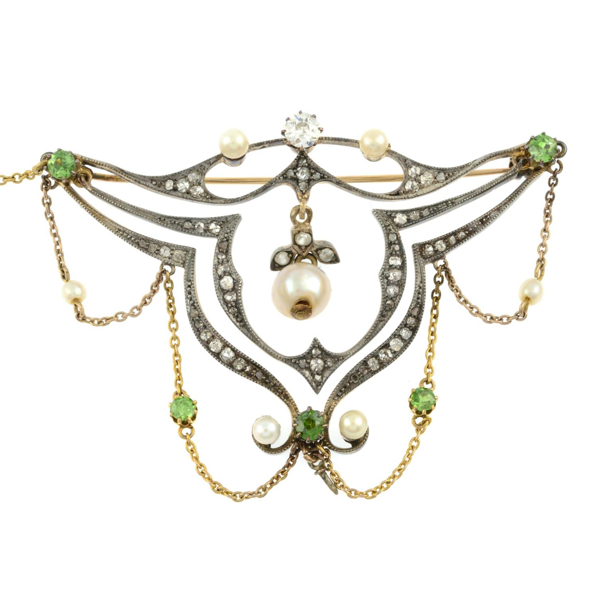A late 19th century silver and gold, vari-cut diamond, demantoid garnet and pearl brooch. - Image 2 of 4