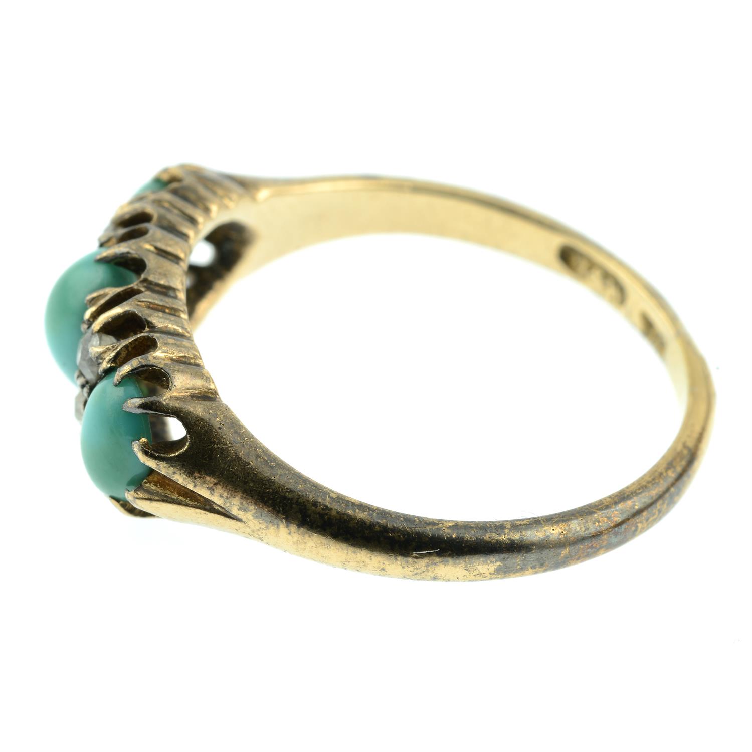 An early 20th century 18ct gold graduated turquoise three-stone ring, with old-cut diamond spacers. - Image 3 of 5