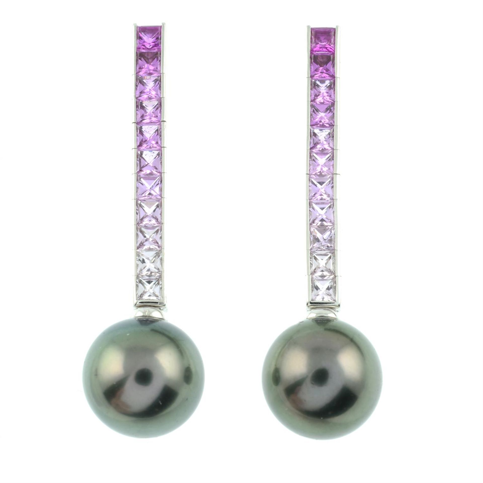 A pair of 18ct gold pink sapphire and grey cultured pearl drop earrings, by Mikimoto. - Image 2 of 3