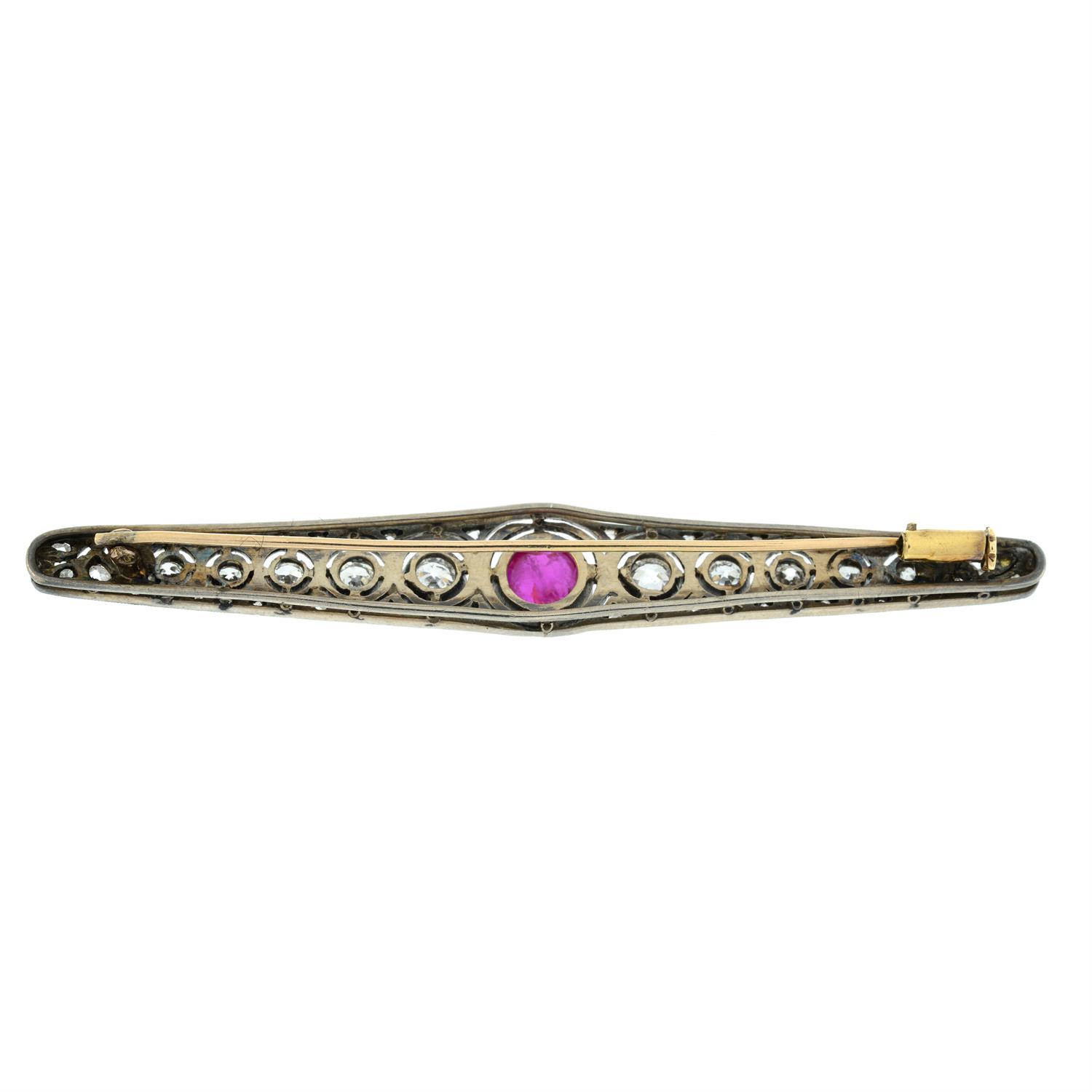 A mid 20th century silver and gold, ruby cabochon and circular-cut diamond brooch. - Image 3 of 4