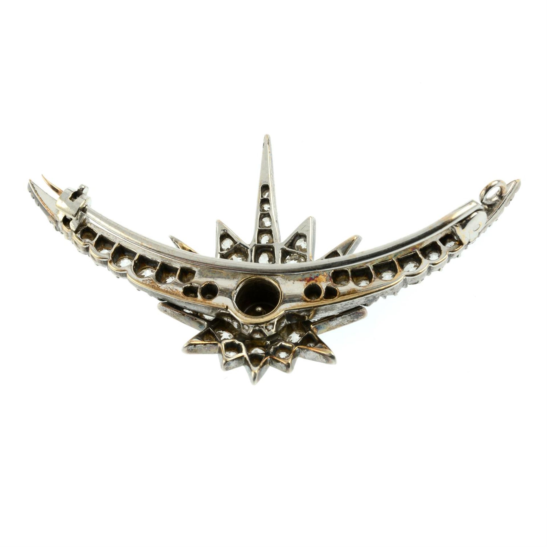 A late Victorian silver and gold pearl and diamond Northern star and crescent moon brooch. - Image 3 of 4