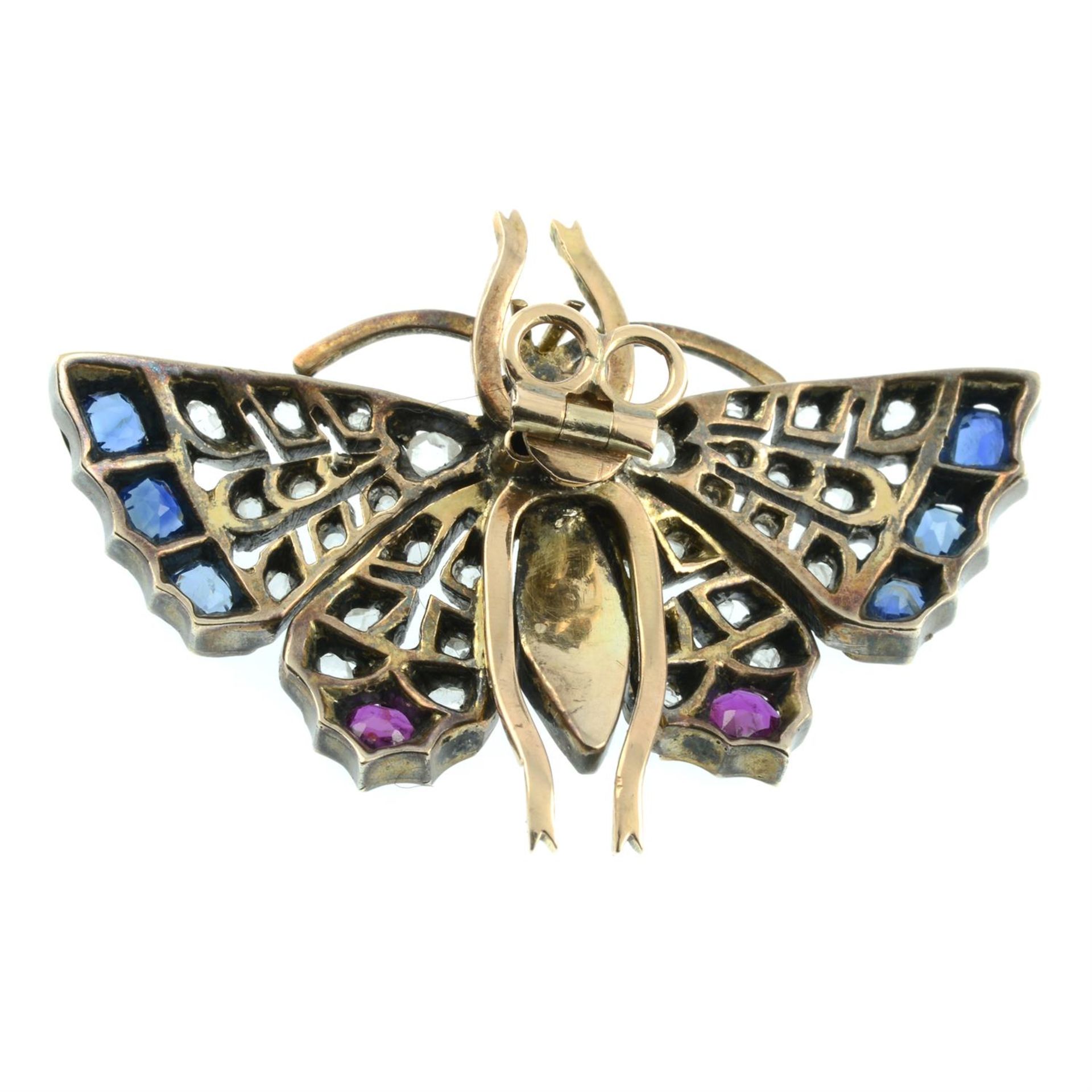 A late Victorian silver and gold, sapphire, ruby, split pearl and rose-cut diamond butterfly - Image 3 of 4