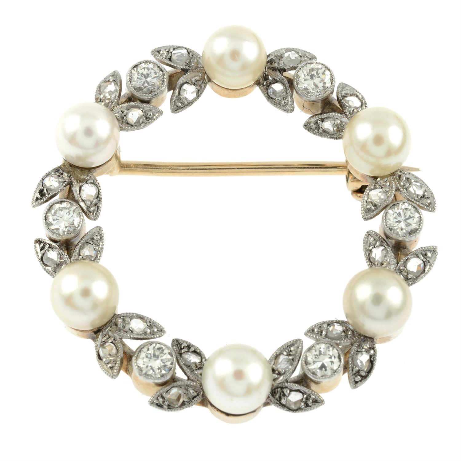 A mid 20th century platinum and 14ct gold cultured pearl and vari-cut diamond wreath brooch. - Image 2 of 4