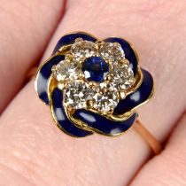 A sapphire, brilliant-cut diamond and blue enamel stylised rosette ring.