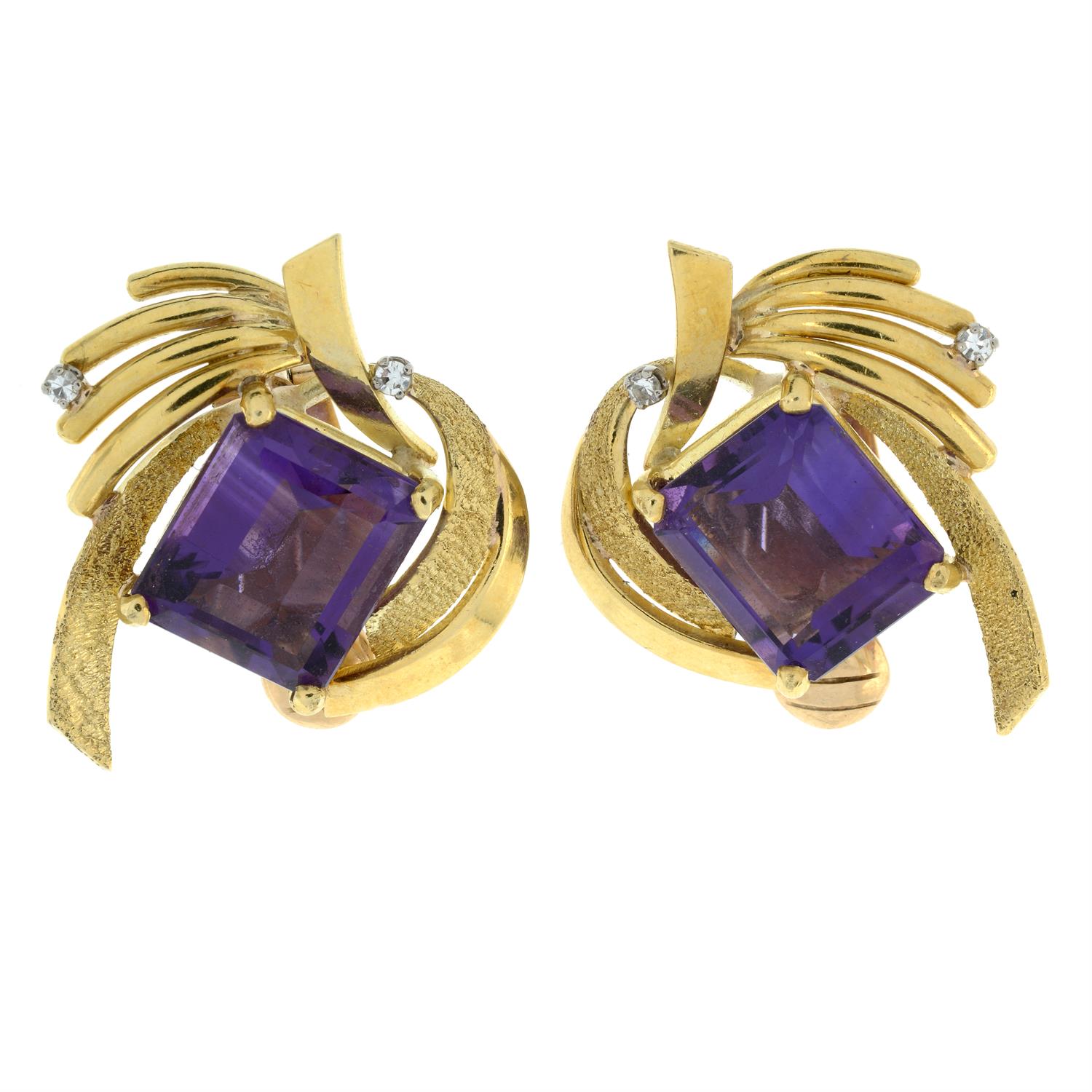 A pair of amethyst and diamond textured earrings. - Image 2 of 3