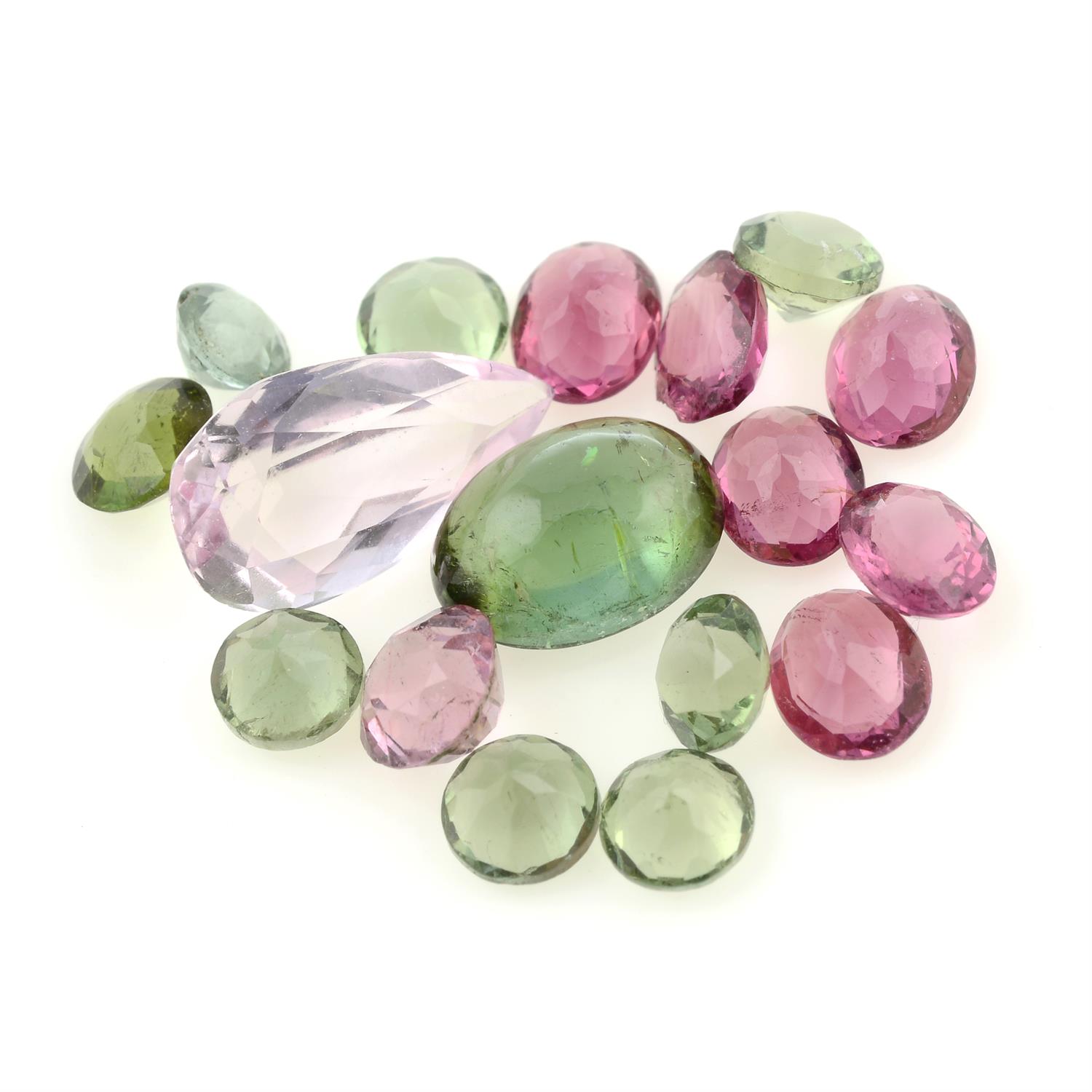 A selection of vari-shape pink and green tourmalines, together with a morganite, total weight 6.