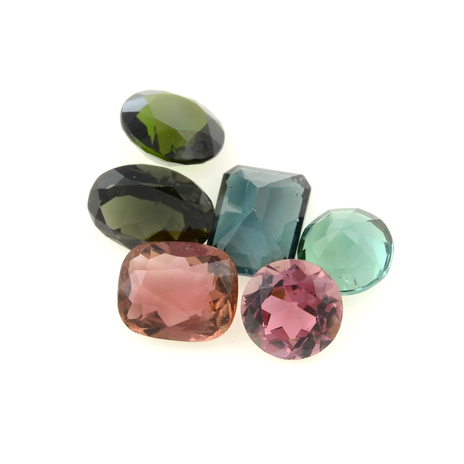 A selection of six vari-hue and vari-shape tourmalines, total weight 7.83cts.