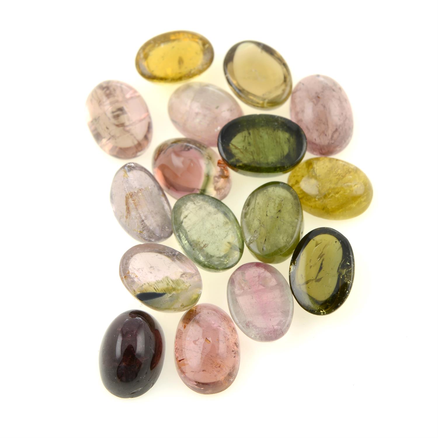 A selection of vari-hue oval tourmaline cabochons, total weight 14.68cts.