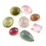 A selection of vari-hue and shape tourmaline cabochons, total weight 48.07cts.