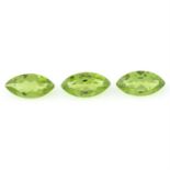 Three marquise-shape peridots, weight 9.36cts.