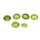 Six oval-shape peridots, total weight 12.07cts.