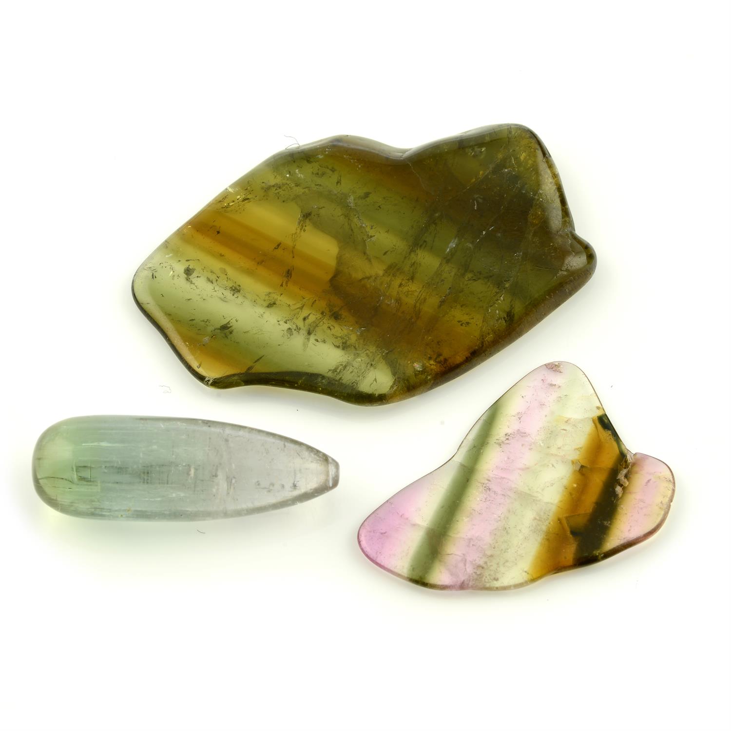 A tear-shape bi-colour tourmalines, total weight 16.50cts, together with two bi-colour tourmaline