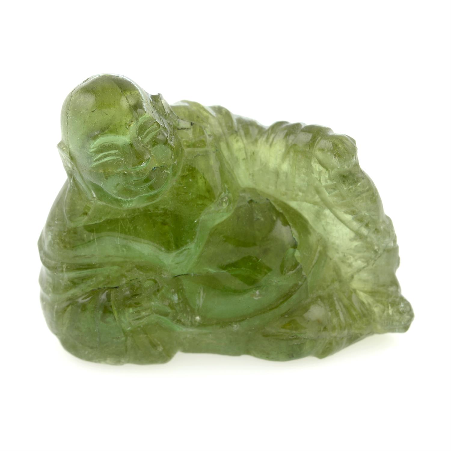 A green carved Buddha tourmaline, weight 53.93cts.