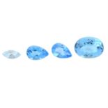 Four vari-shape blue topaz, total weight 21.03cts.