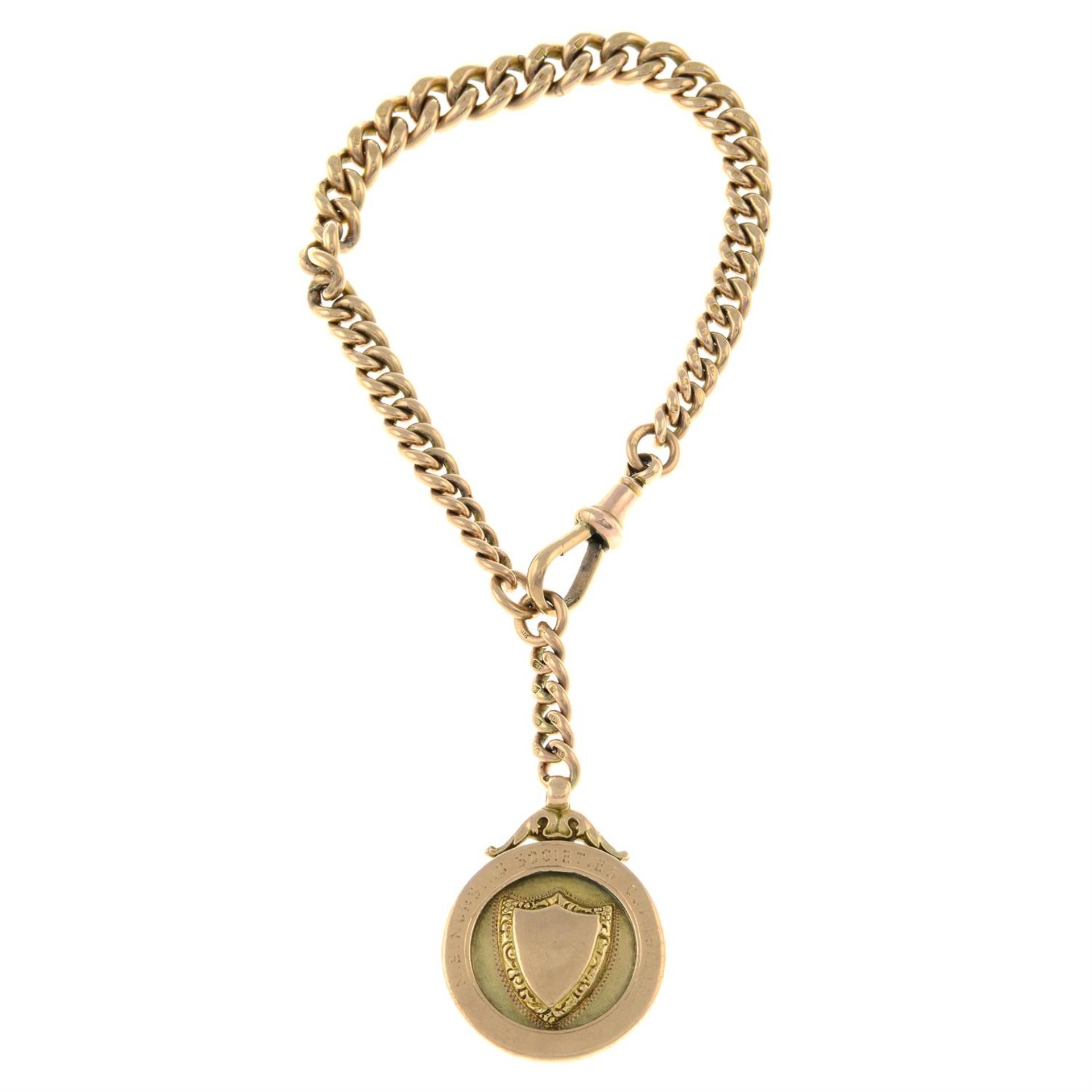 A Victorian 9ct gold Albert chain, with early 20th century 9ct gold medallion.