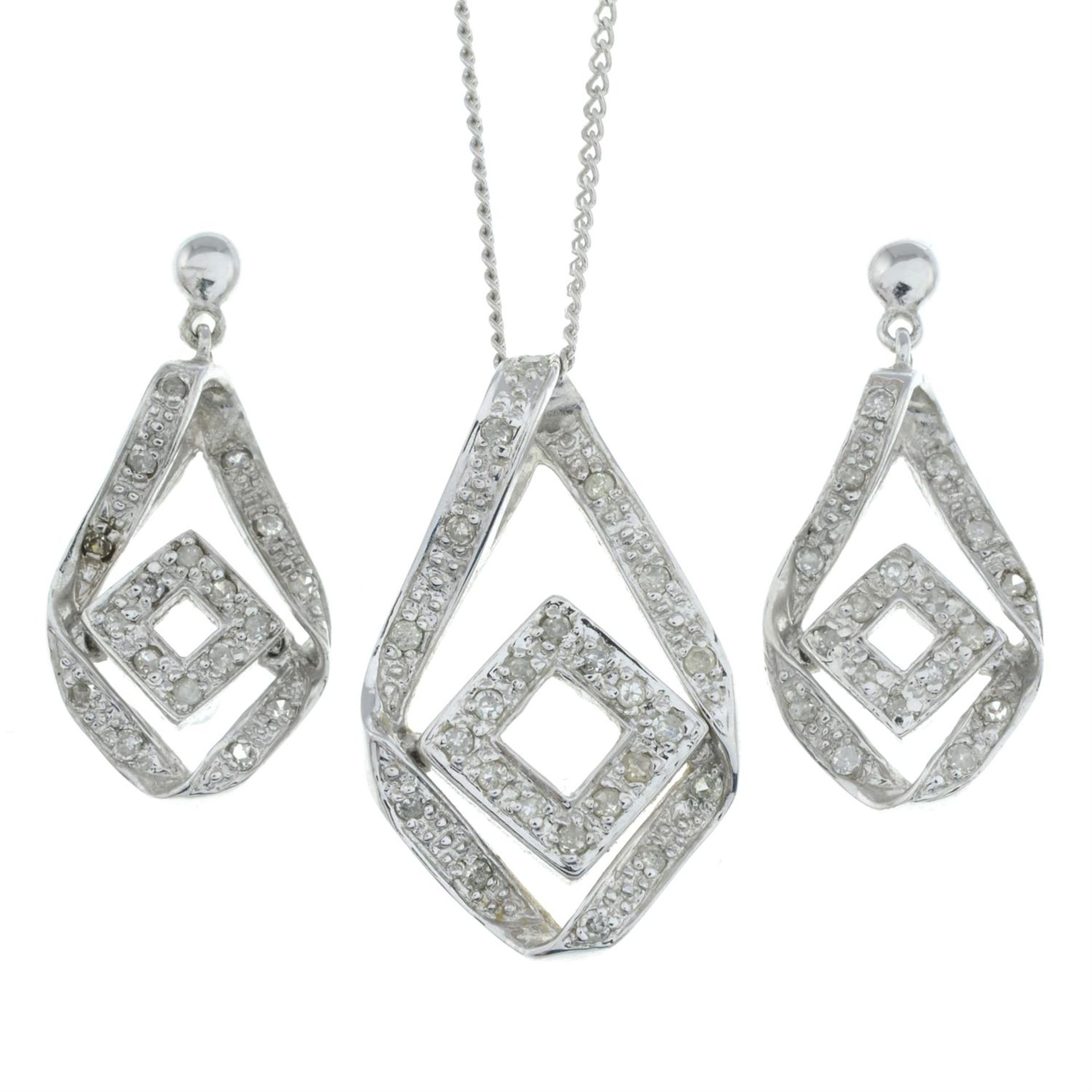 A 9ct gold single-cut diamond jewellery set, to include a pair of earrings, together with a pendant