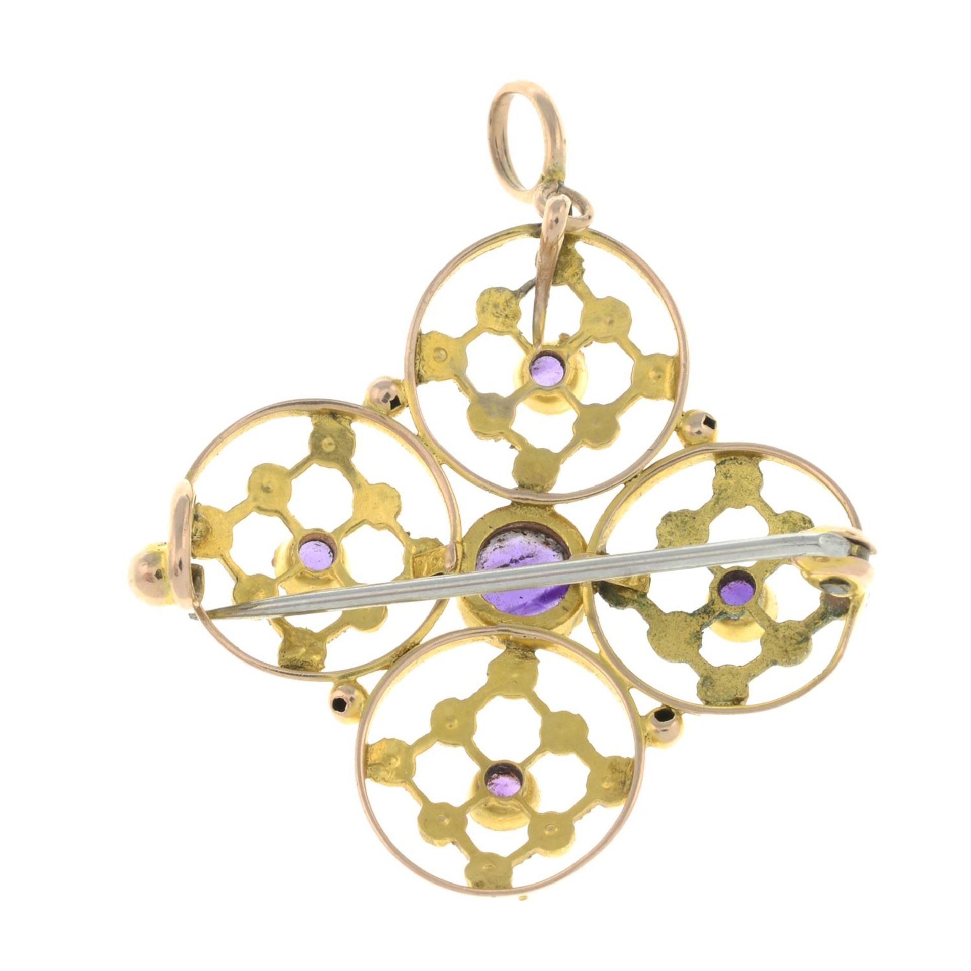An early 20th century 9ct gold amethyst and split pearl openwork pendant. - Image 2 of 2