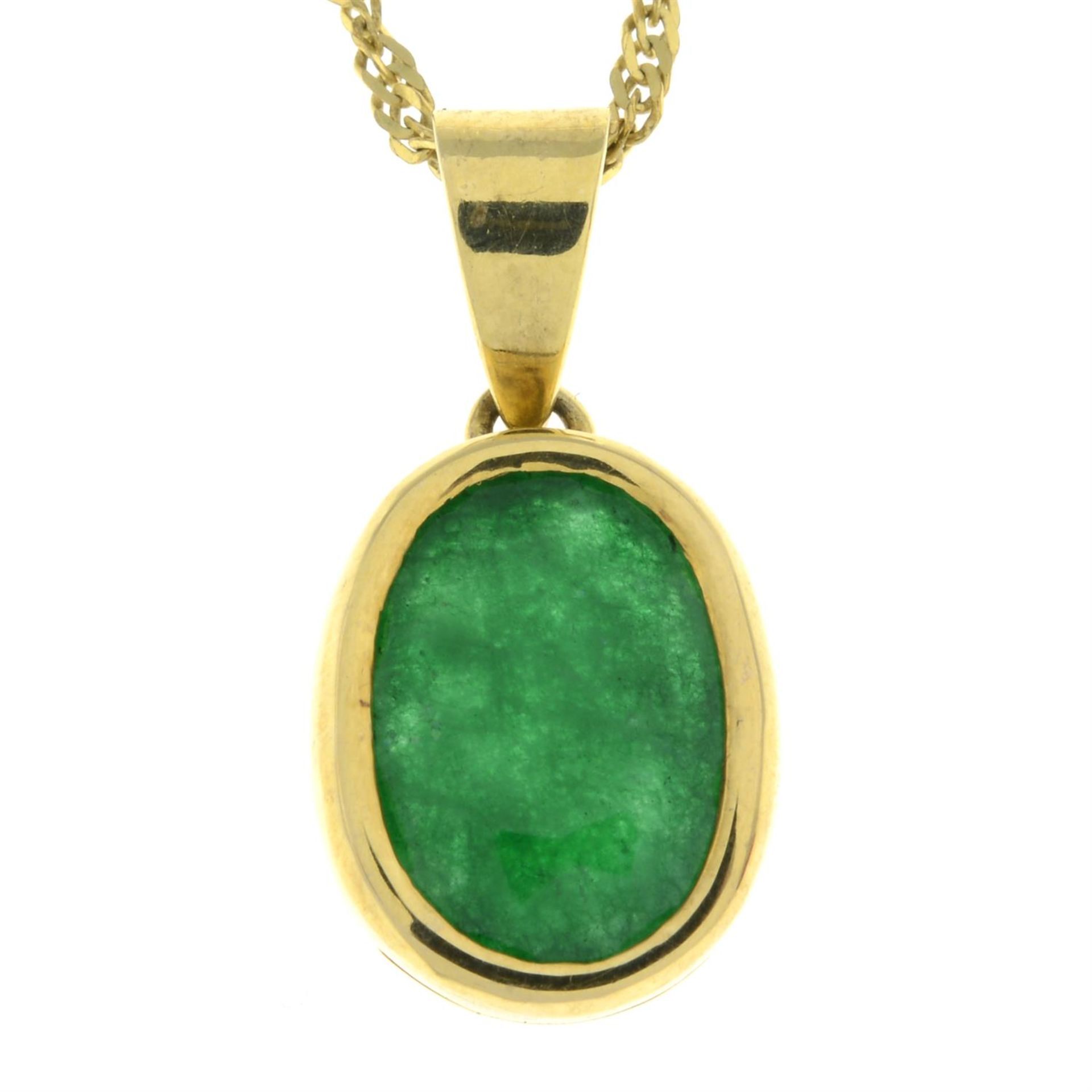 An emerald single-stone pendant, with 9ct gold chain.