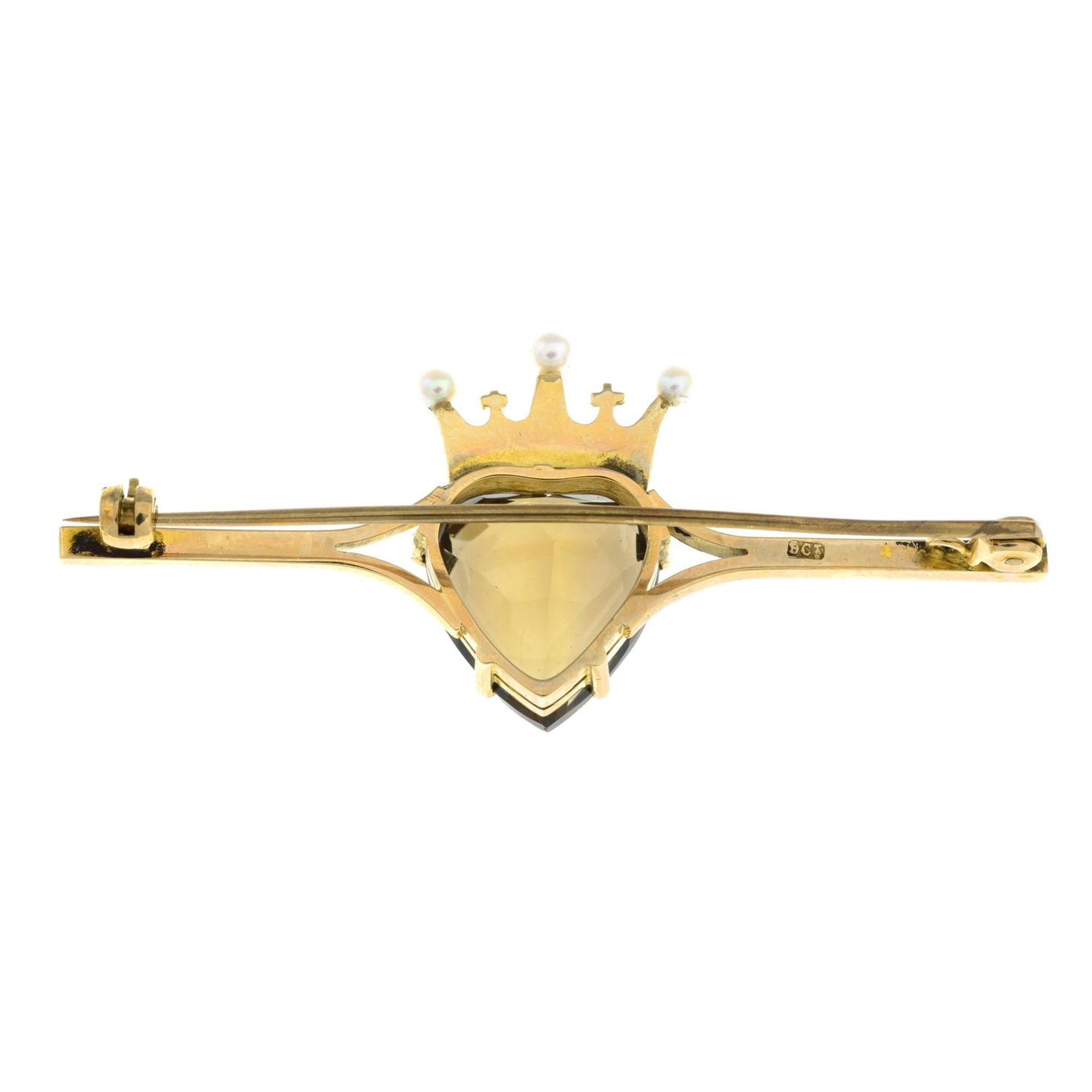 An early 20th century 9ct gold smoky quartz and seed pearl heart and crown bar brooch. - Image 2 of 2