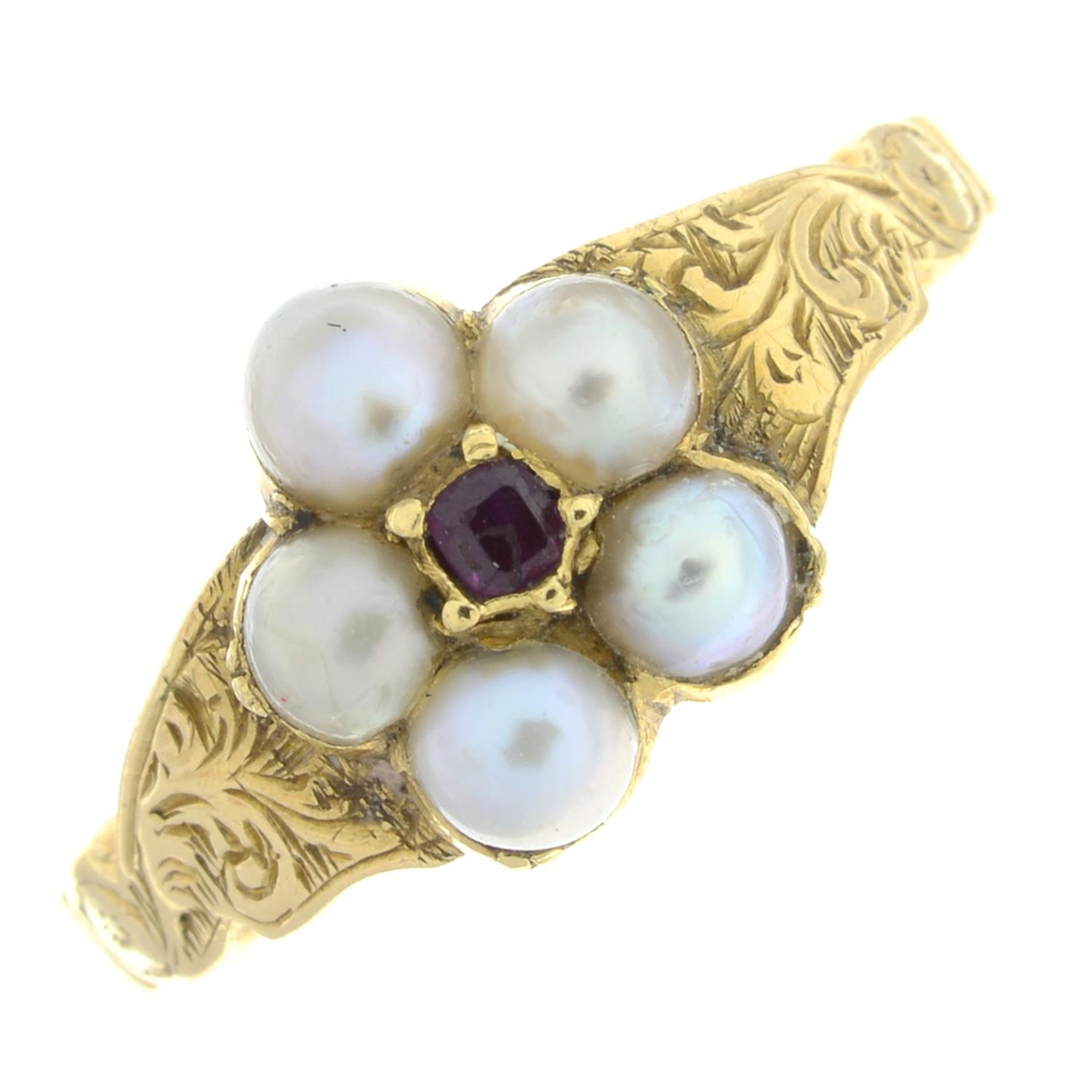 An Edwardian gold split pearl and ruby cluster ring.