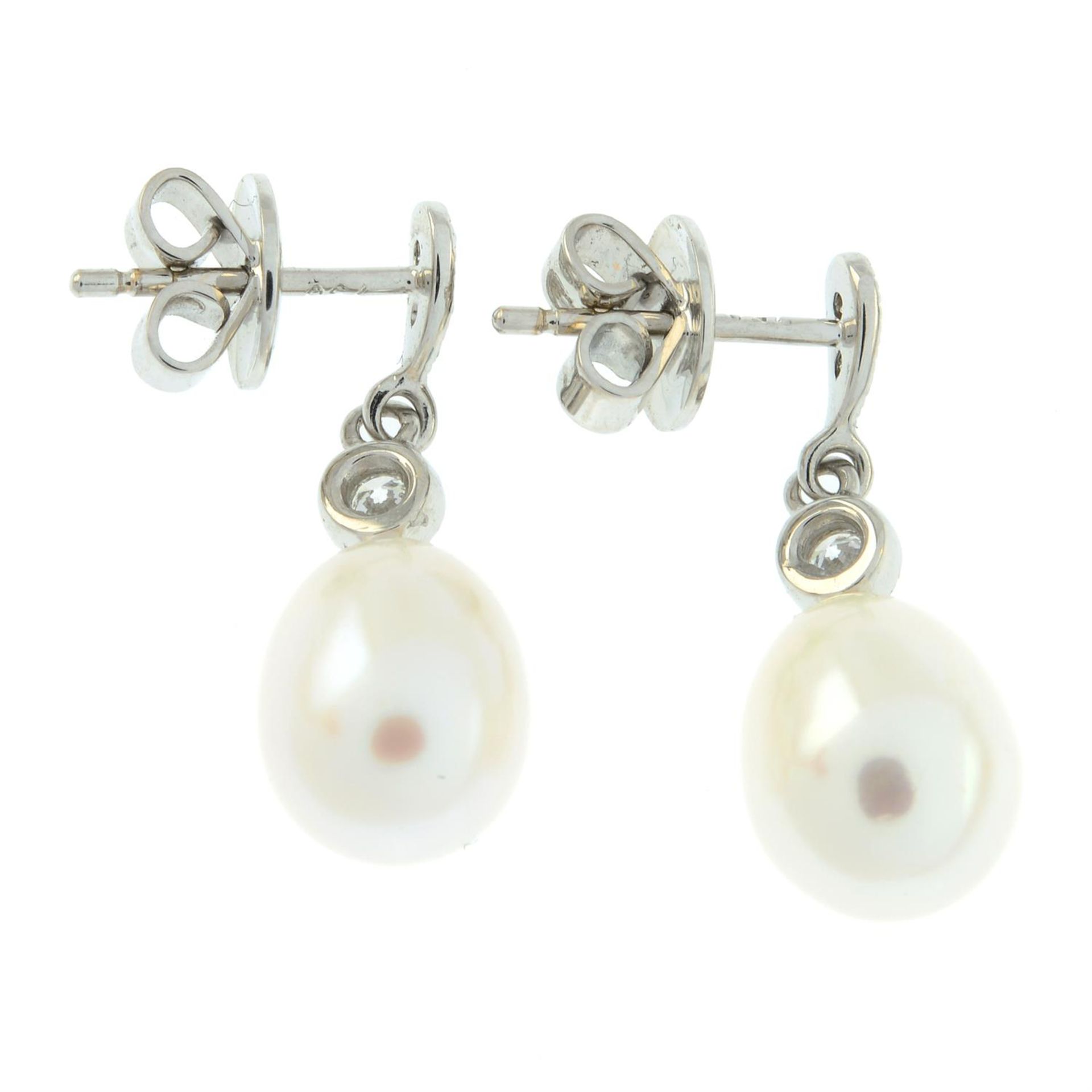 A pair of brilliant-cut diamond and cultured pearl drop earrings. - Image 2 of 2