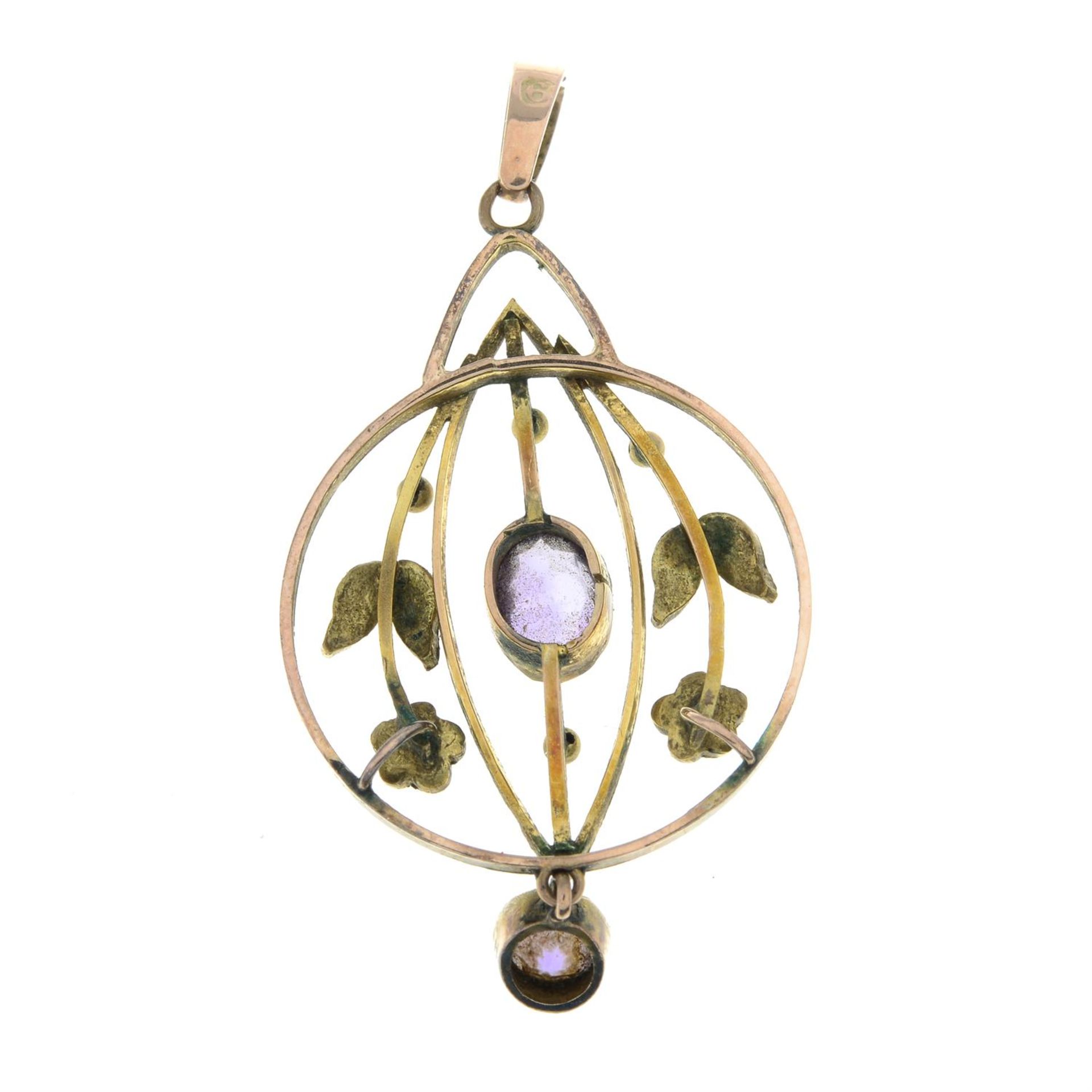 An early 20th century 9ct gold amethyst and split pearl floral openwork pendant. - Image 2 of 2
