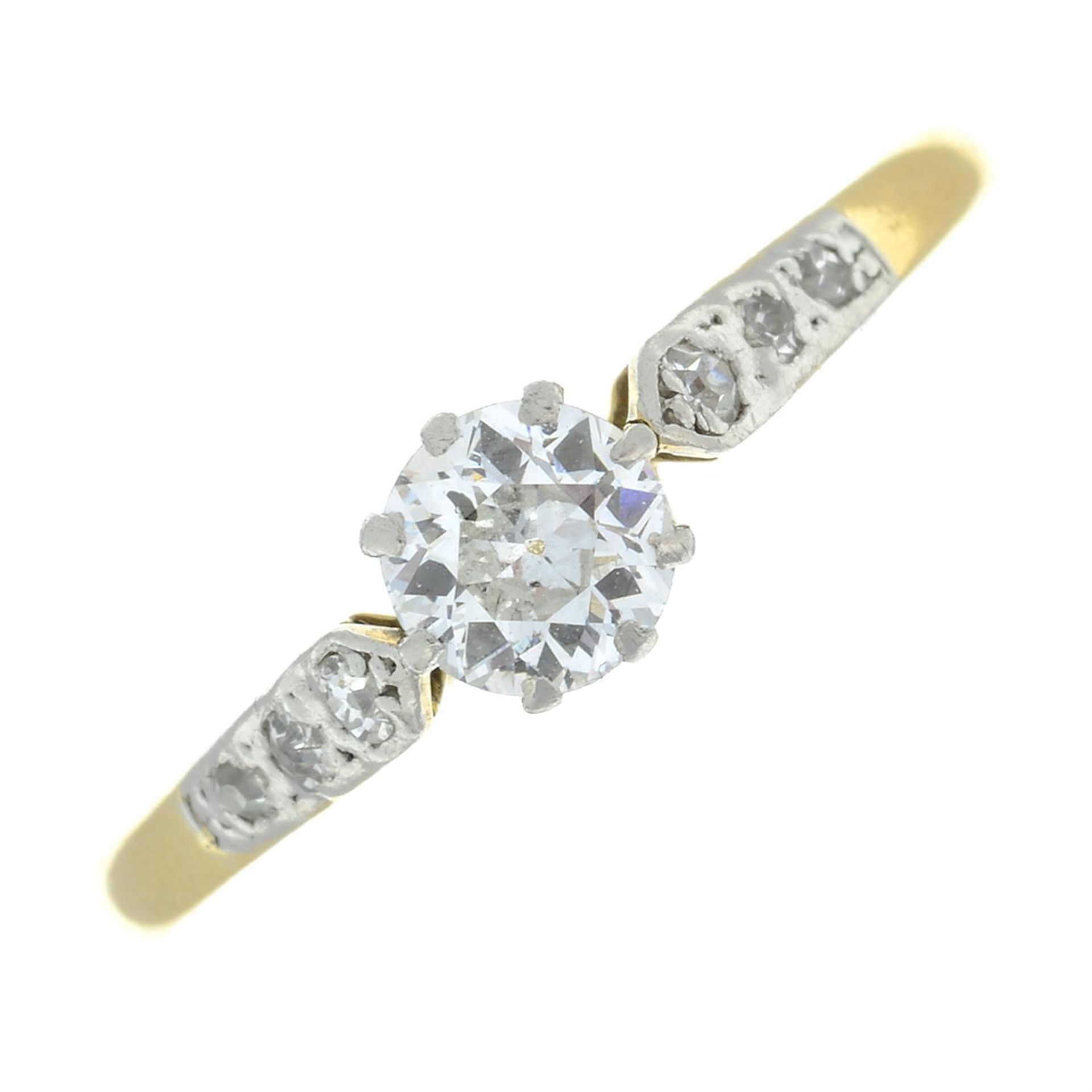 A mid 20th century 18ct gold old-cut diamond single-stone ring, with single-cut diamond sides.