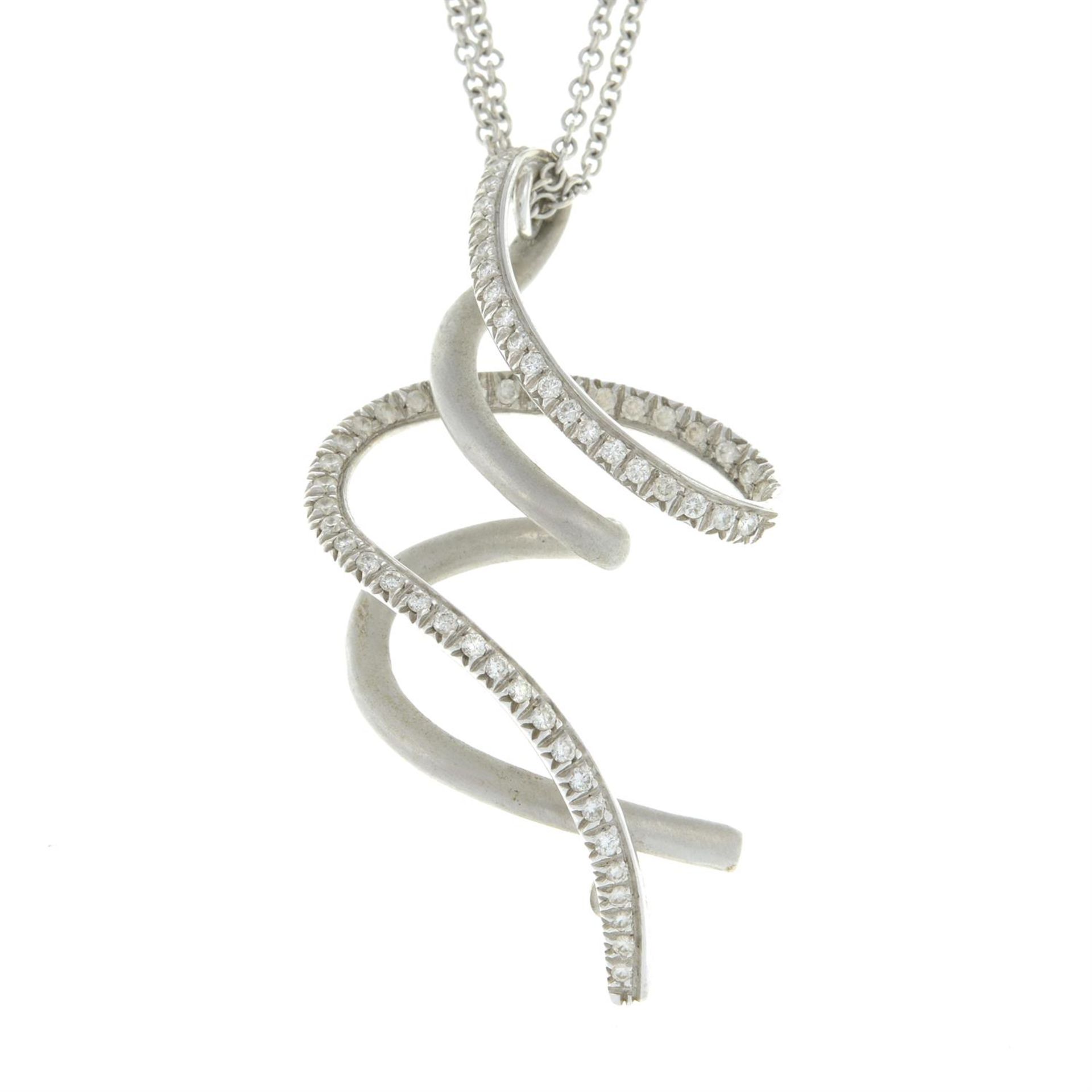 A brilliant-cut diamond swirl pendant, with chain.