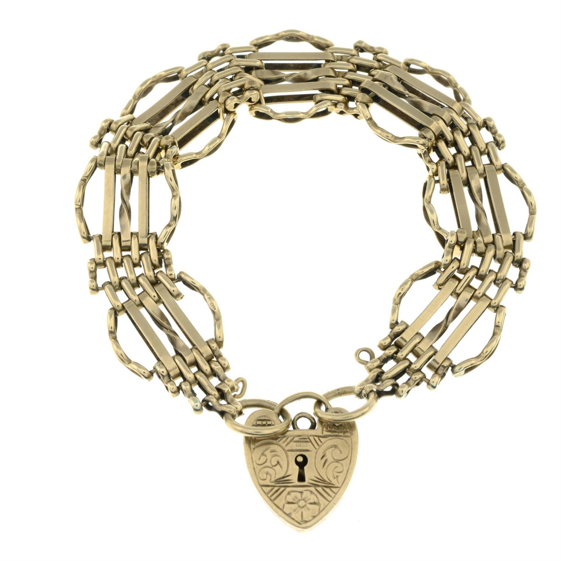 A 9ct gold gate bracelet, with heart-shape padlock clasp.