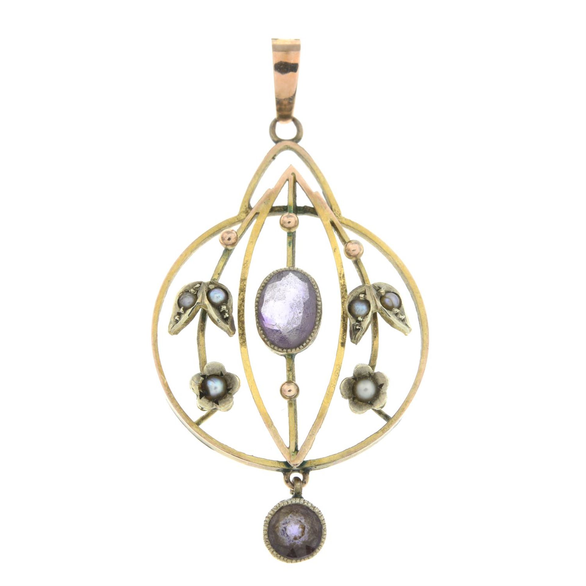 An early 20th century 9ct gold amethyst and split pearl floral openwork pendant.