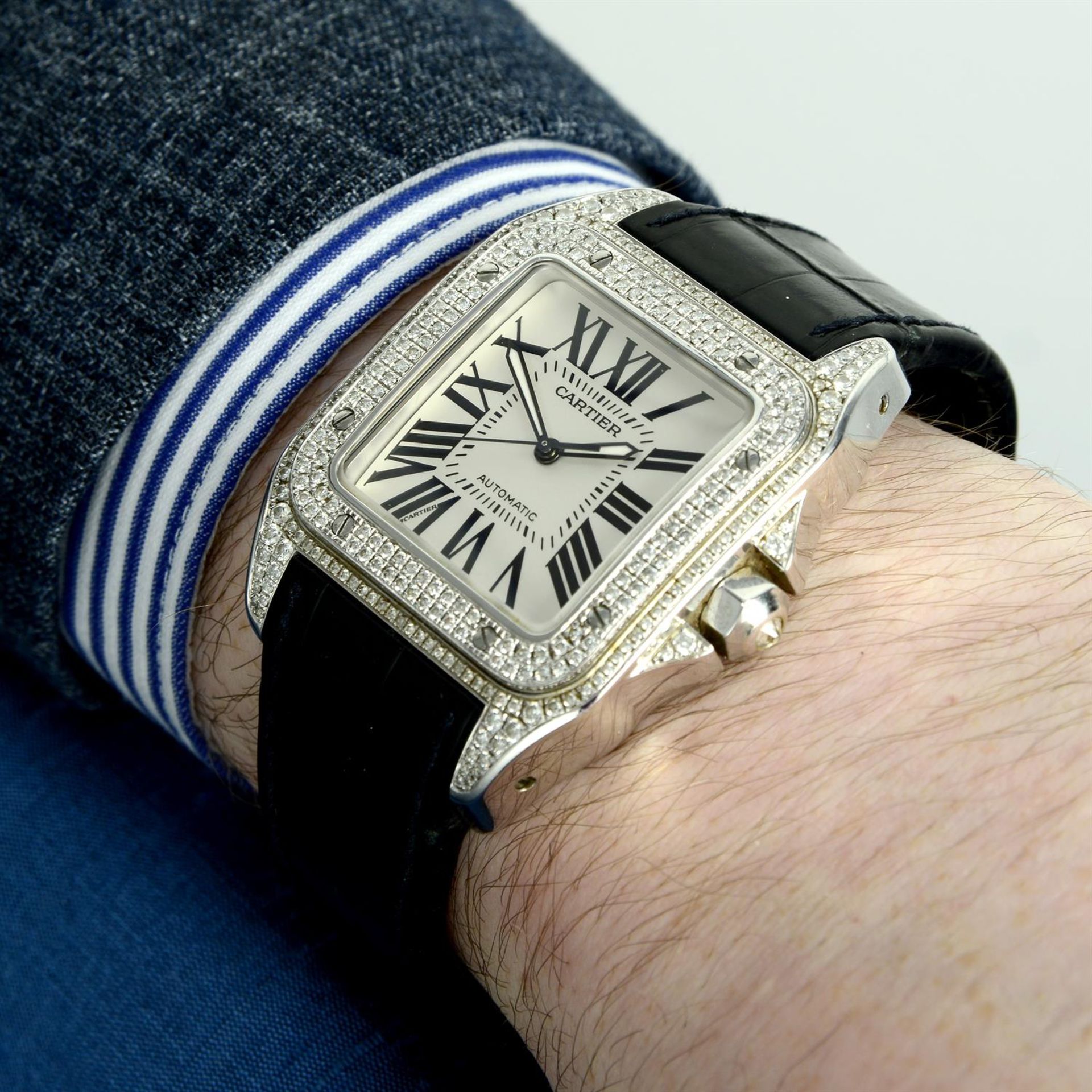 CARTIER - a diamond set stainless steel Santos 100 wrist watch, 38mm x 38mm. - Image 5 of 6