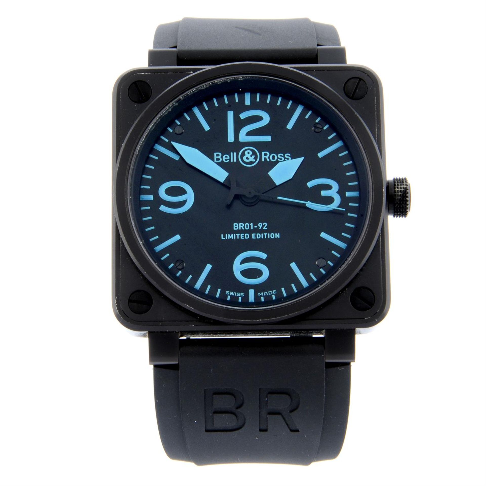 BELL & ROSS - a limited edition PVD-treated stainless steel BR01-92-SBlu wrist watch, 46mm.