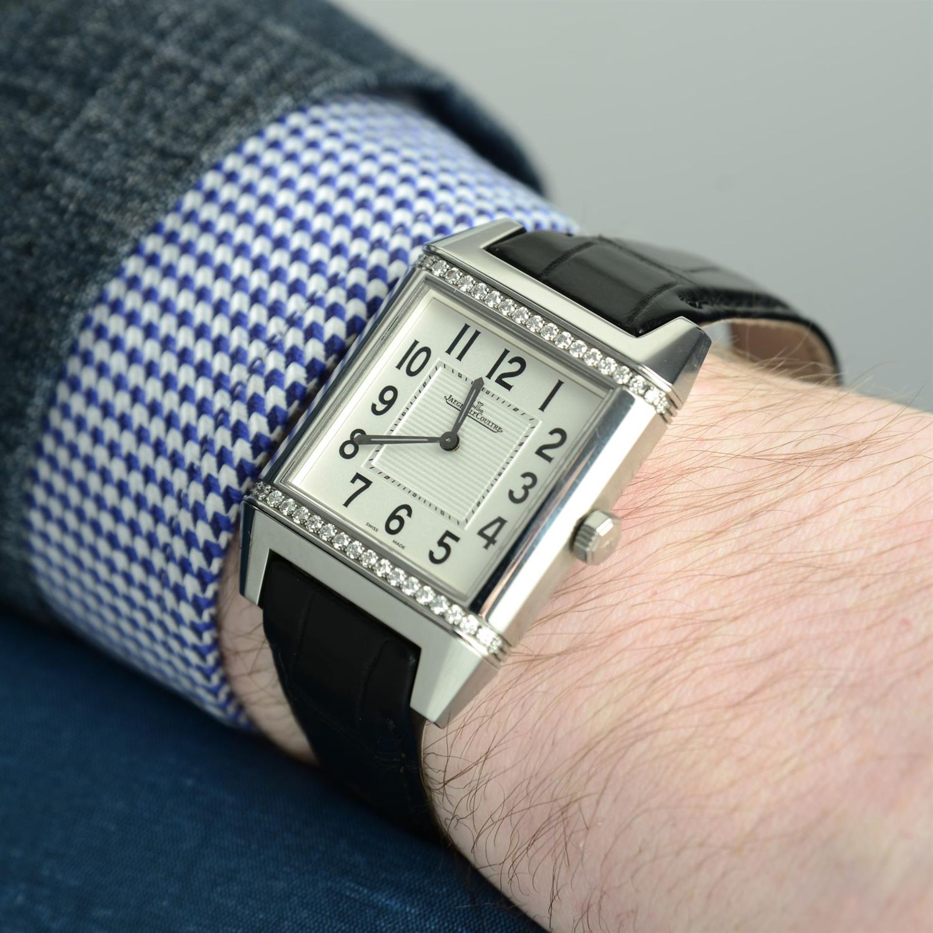 JAEGER-LECOULTRE - a factory diamond set stainless steel Reverso Squadra wrist watch, 31x35mm. - Image 6 of 6