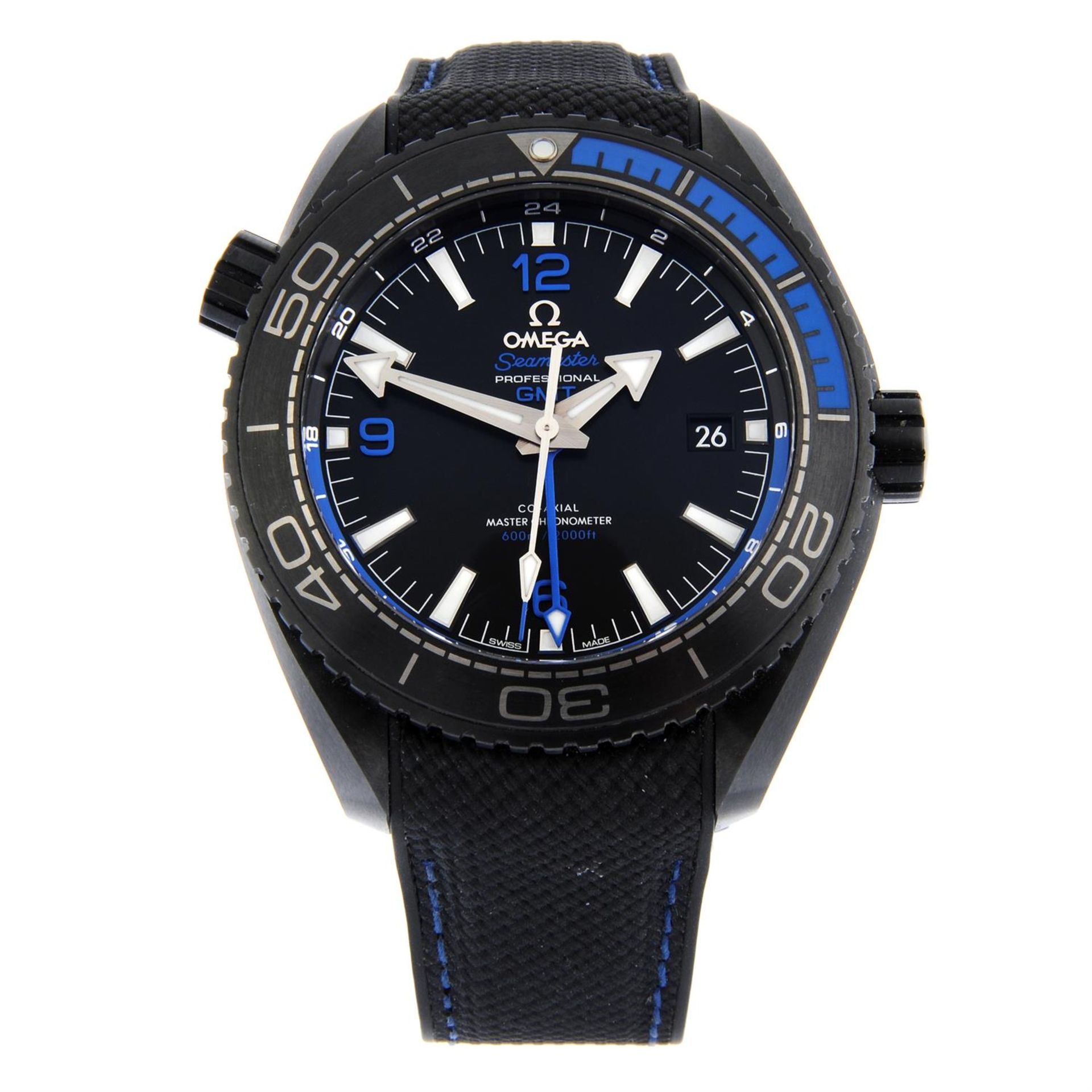 OMEGA - a PVD-treated stainless steel Seamaster Planet Ocean Deep Black GMT wrist watch, 44mm.