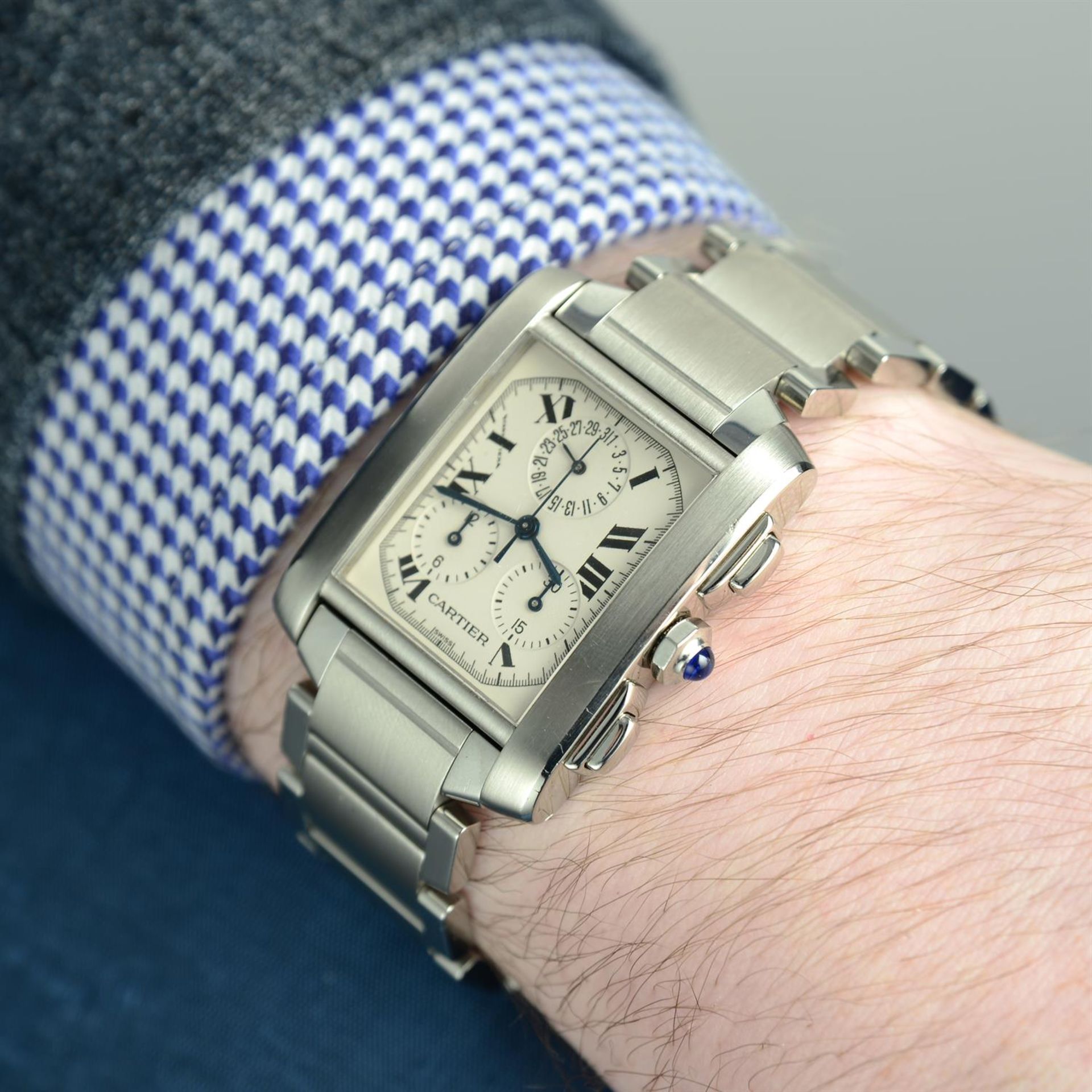 CARTIER - a stainless steel Tank Française chronograph bracelet watch, 28mm x 28mm. - Image 5 of 6