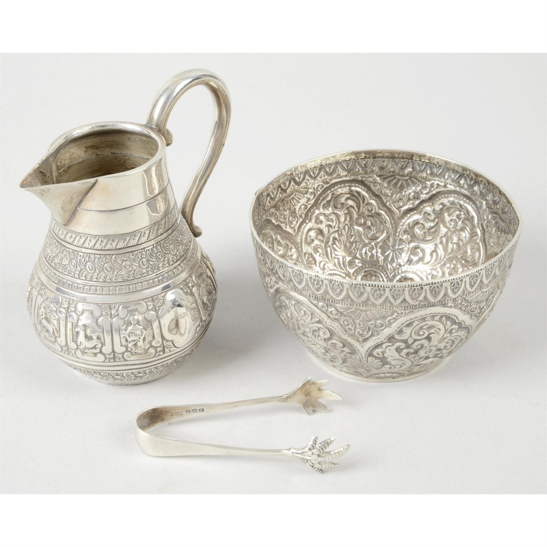 A mid-Victorian silver cream jug, plus a sugar bowl with a later pair of tongs & a plated mustard