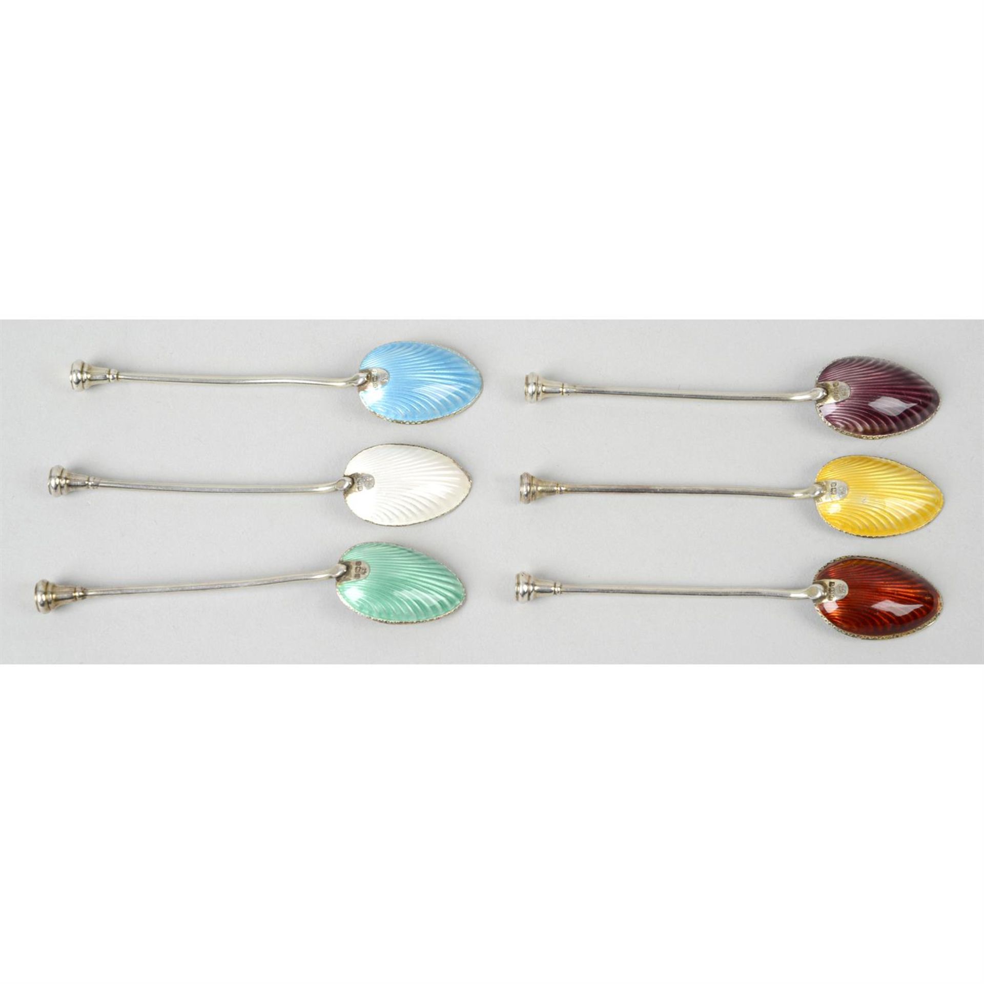 A set of six 1930's silver & guilloché enamel coffee spoons.