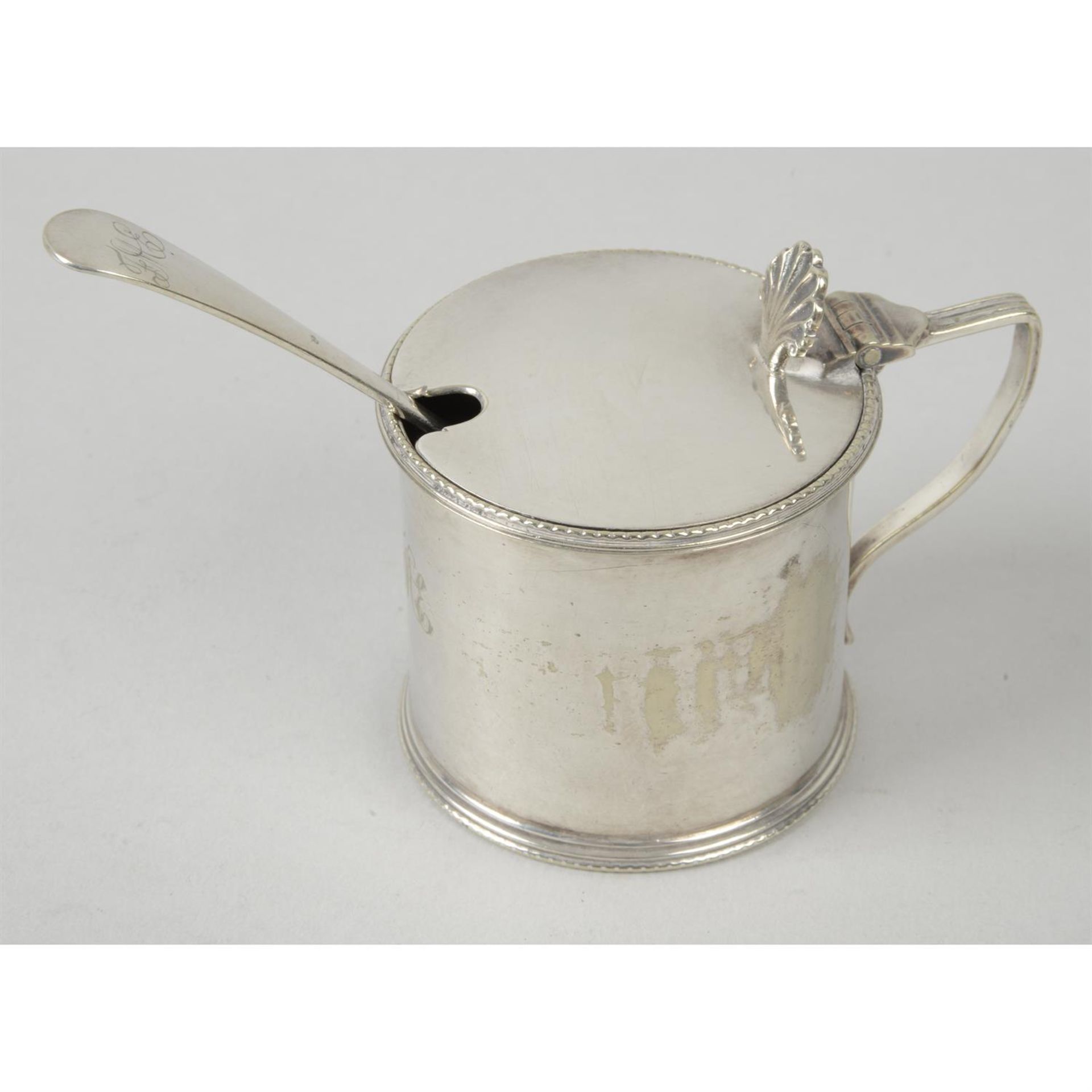 A mid-Victorian silver cream jug, plus a sugar bowl with a later pair of tongs & a plated mustard - Image 4 of 4